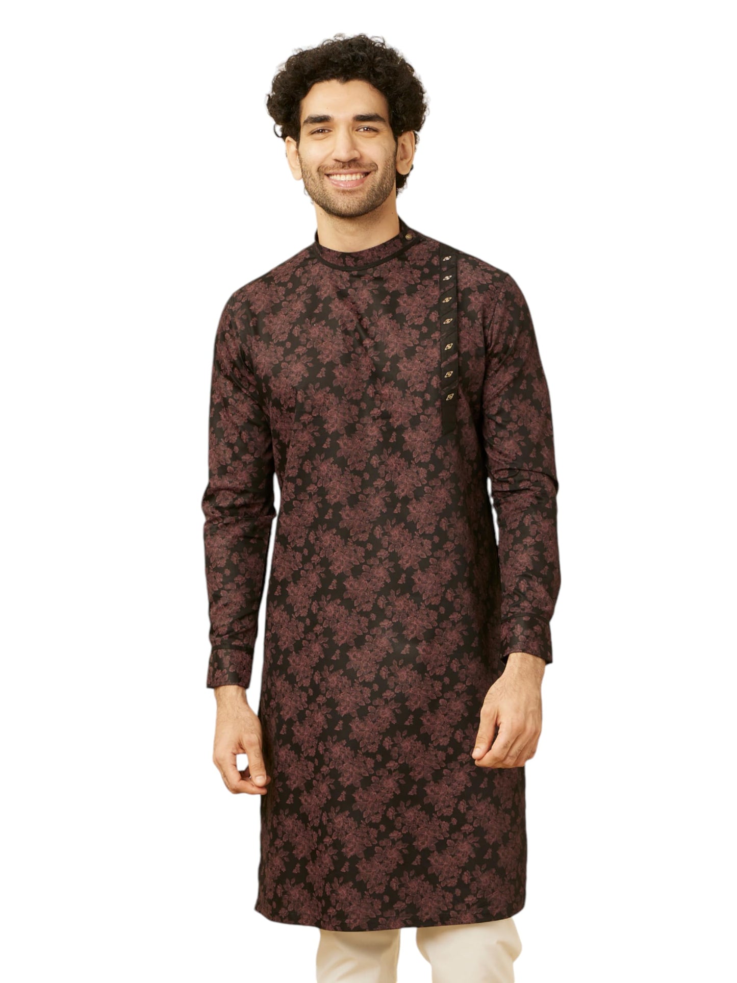 Manyavar Men's Midnight Black Floral Patterned Angrakha Style Kurta (XL)