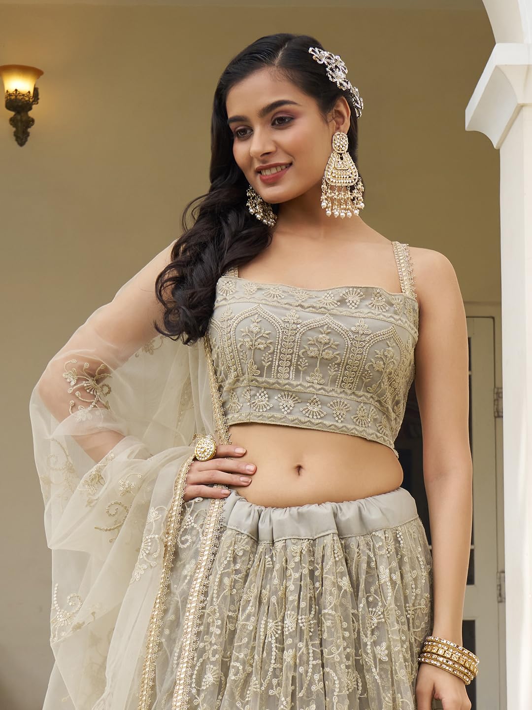 Zeel Clothing Women's Thread Sequins Work Embroidery Net Gorgeous Lehenga Choli with Dupatta (2133-Ivory-Wedding-Women-Lehenga-Choli-Latest; Free Size)