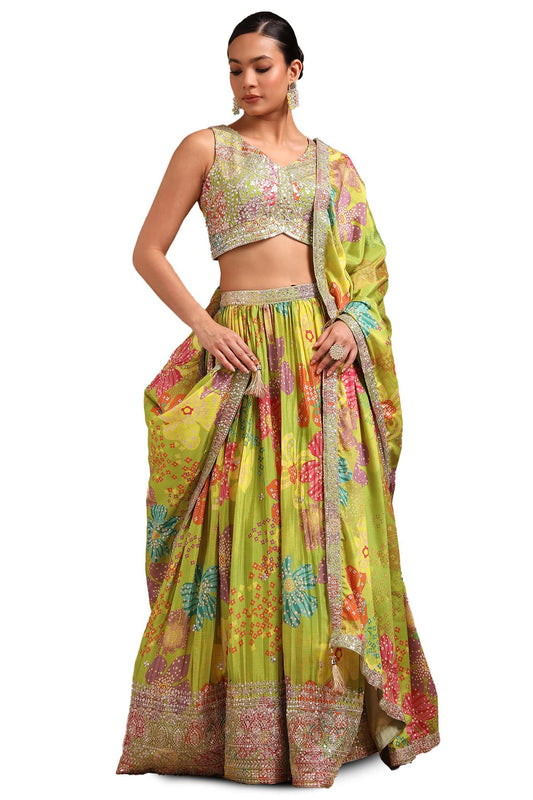 Soch Womens Light Green Chinon Blend Floral Print Lehenga Choli With Sequins