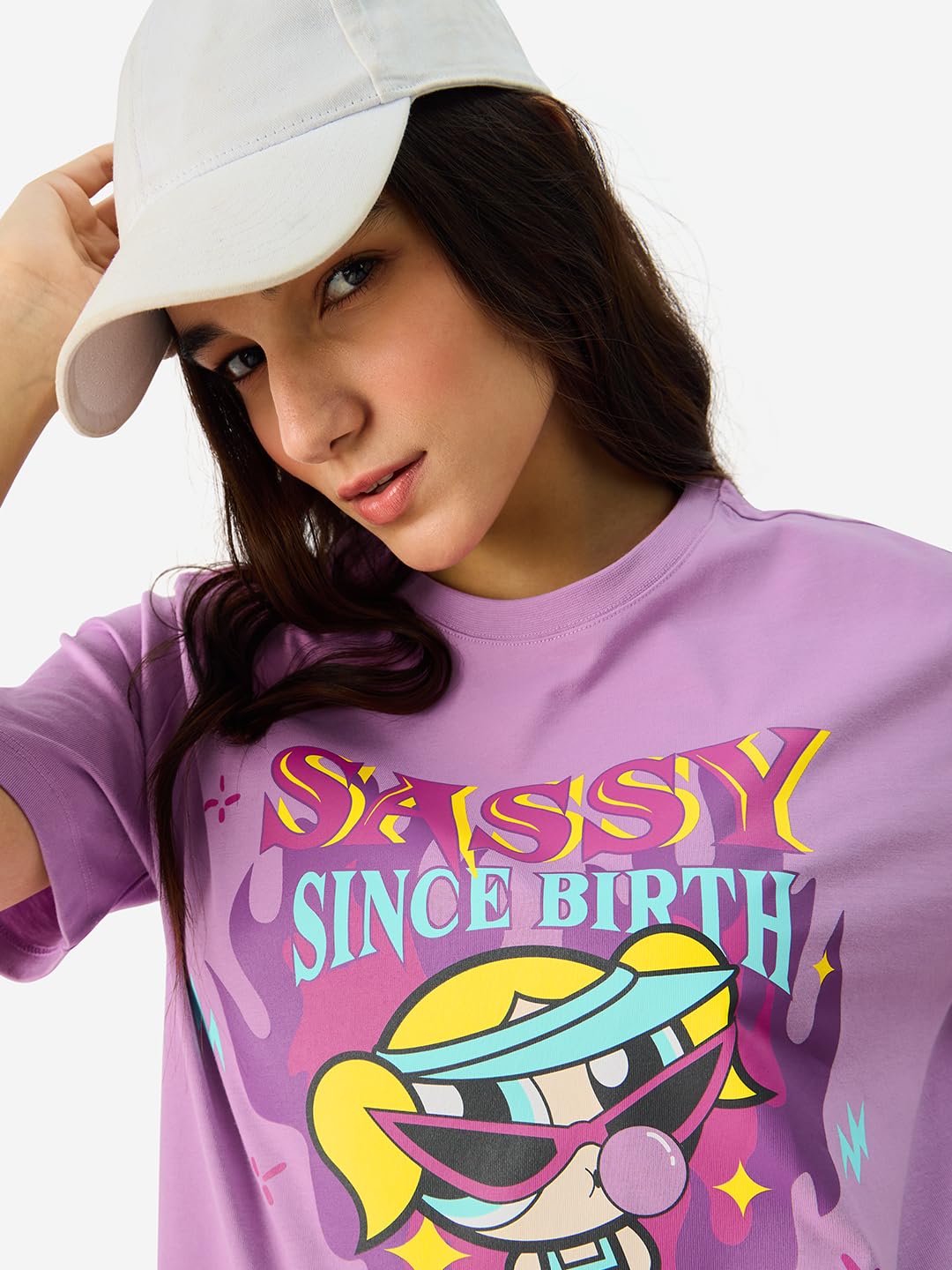 The Souled Store Official Powerpuff Girls: Sassy Since Birth Women and Girls Short Sleeve Round Neck Purple Graphic Printed Cotton Regular Fit T-Shirts