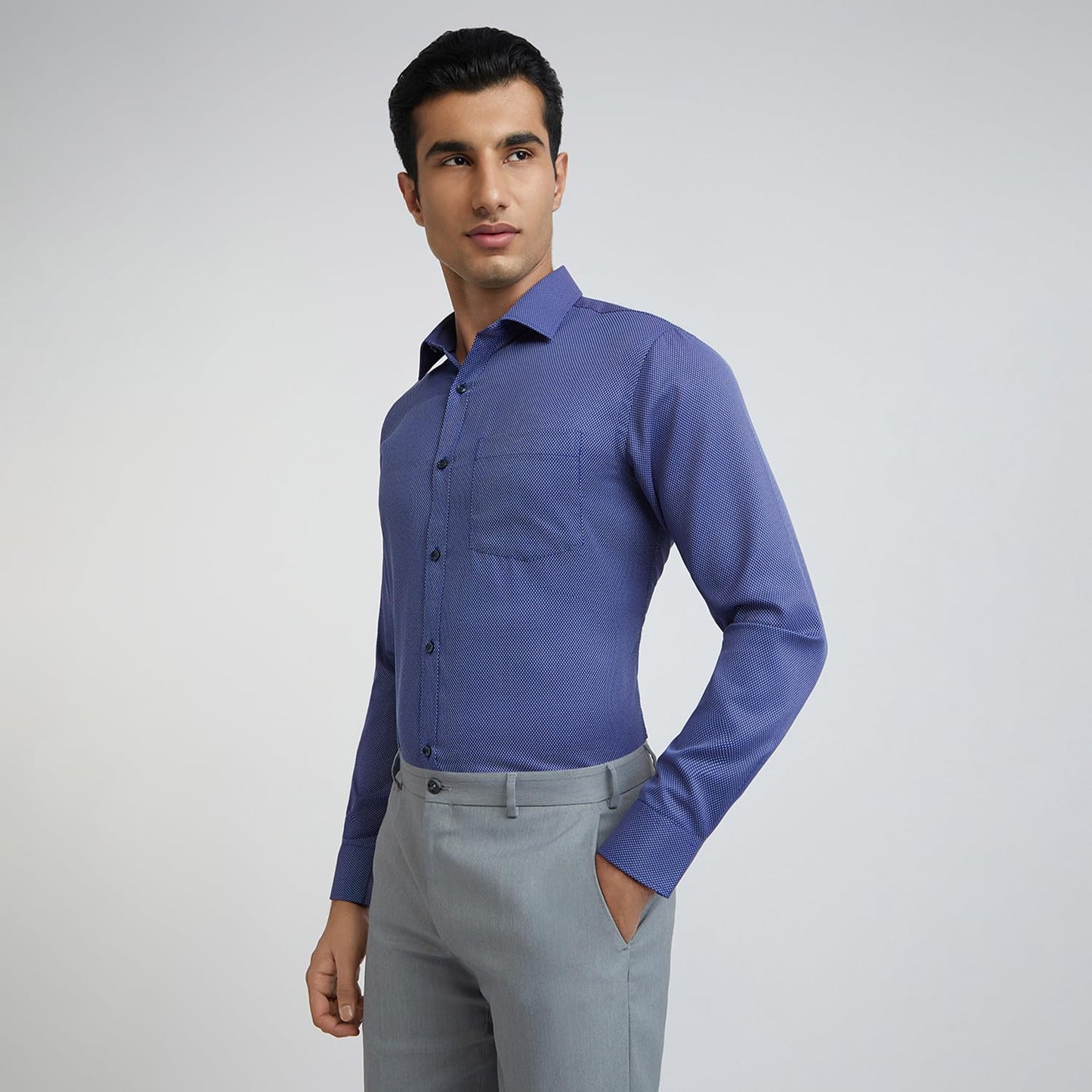 Park Avenue Men's Slim Fit Solid Pattern Poly Cotton Blend Semi Cutaway Collar Formal Shirt (Size: 46)-PMSX17837-B6 Dark Blue