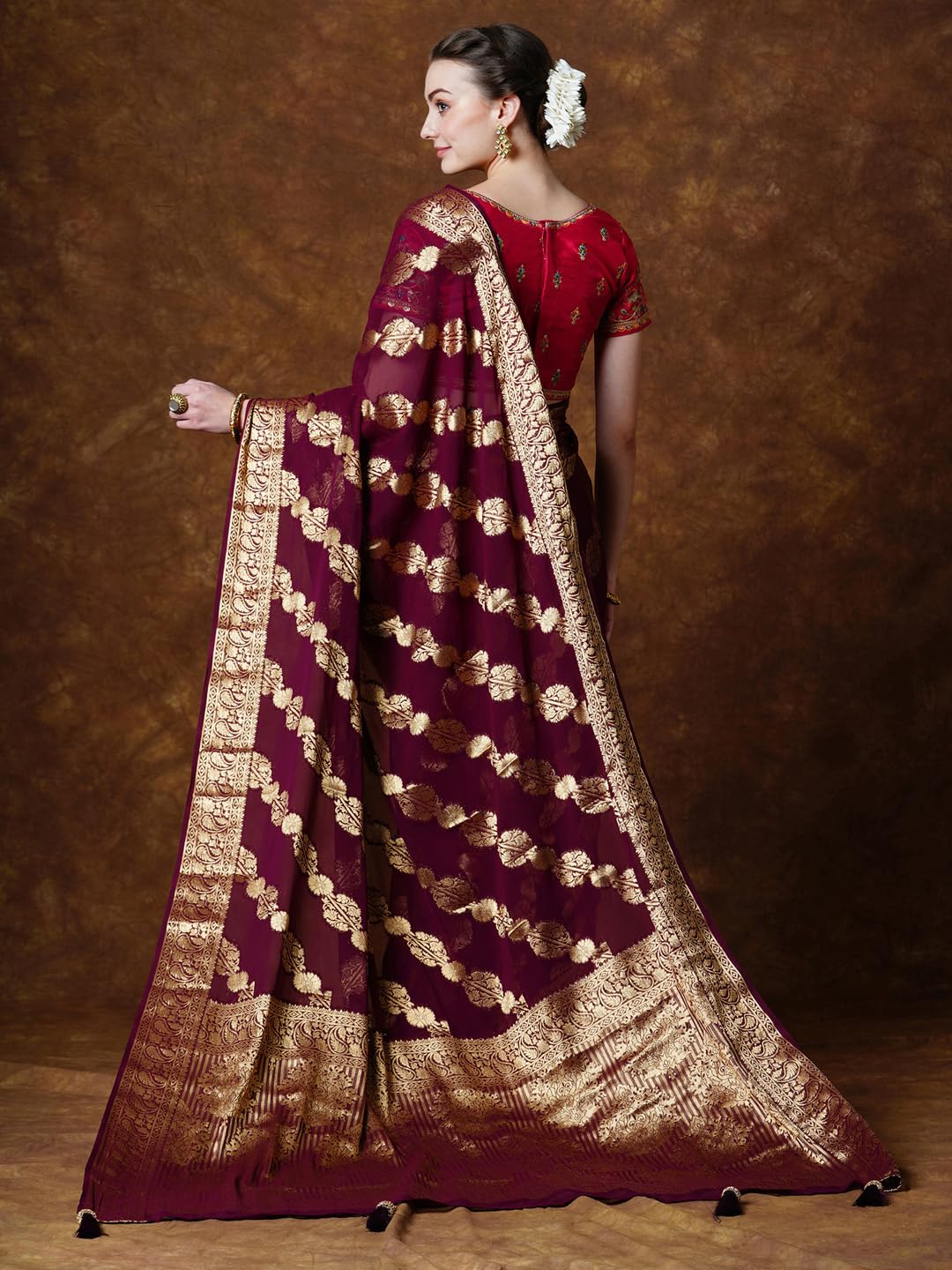 AKHILAM Women's Burgundy Georgette Zari Woven Design Saree with Unstitched Blouse Piece (YARYAPRM110_HS)