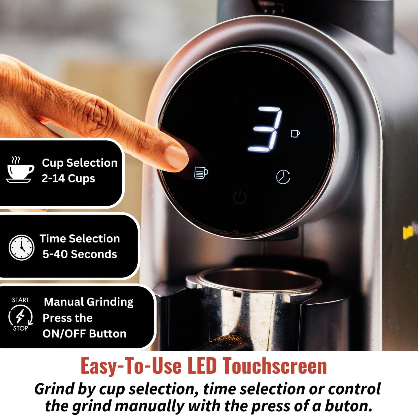 InstaCuppa Electric Coffee Grinder with LED Touch Timer & Cups Selector, Conical Stainless Steel Burr Mill with 25 Adjustable Grind Settings for Home Espresso, Moka Pot, French Press, Pour Over