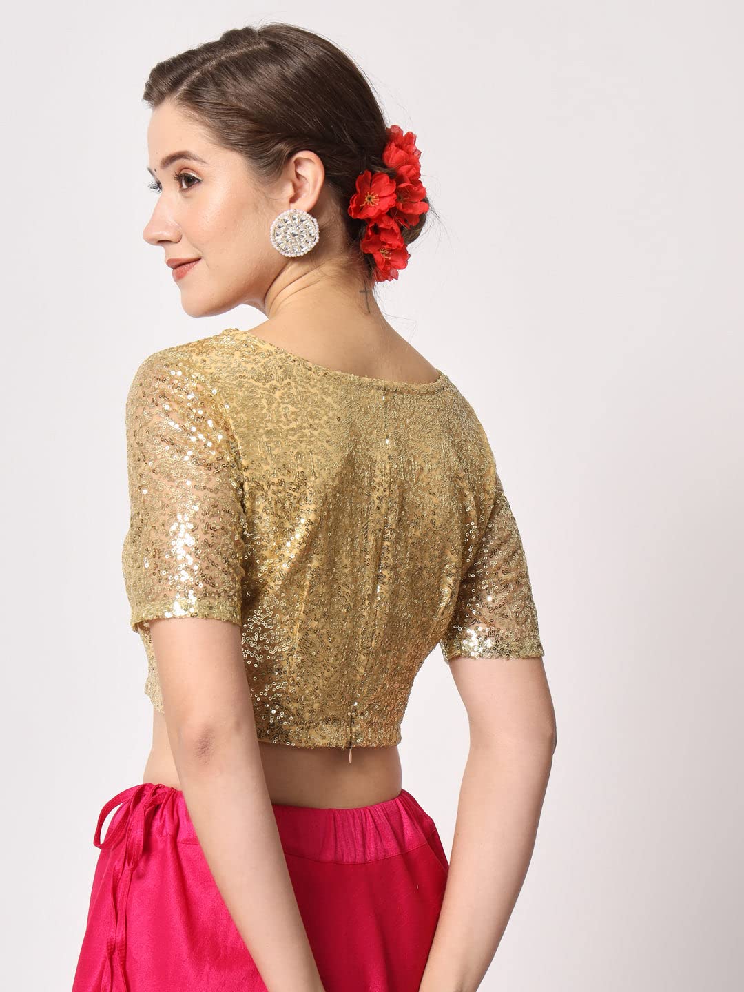 studio rasa Women's Net Sequin Embroidered Sheer Sleeves Readymade Saree Blouse for Wedding Festive Party (TPWC12302M_BL_Gold_Medium)