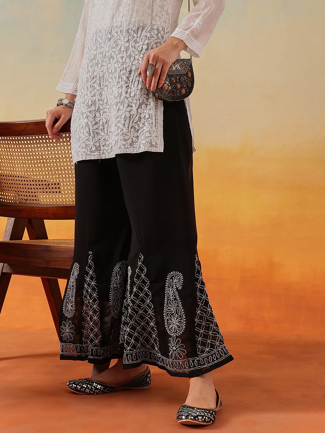 Ada Lucknowi Chikankari Hand Embroidered Georgette Flared Palazzo for Women A711165