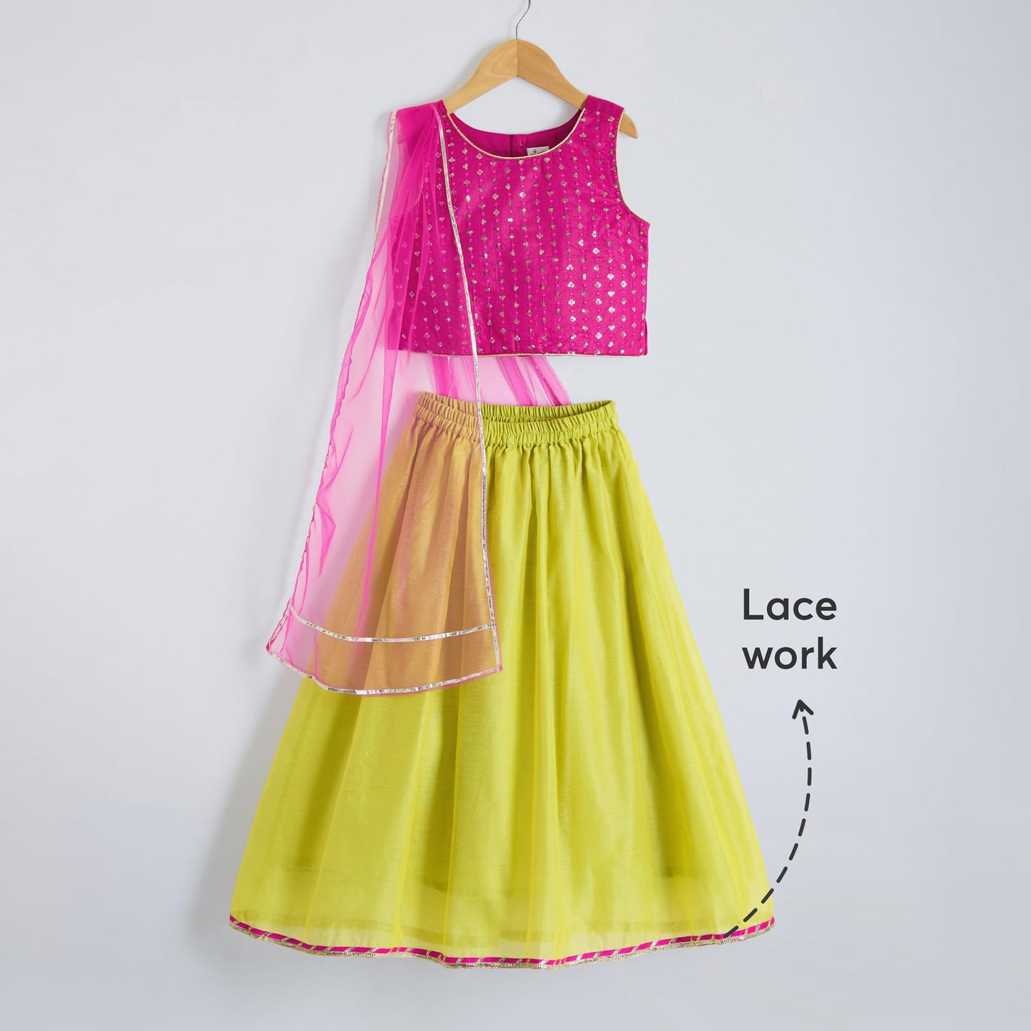 Hopscotch Girls Sleeveless Pink 2-Pc Sequin Lace Trim Lehenga Choli Set For Ages (9-10 Years)