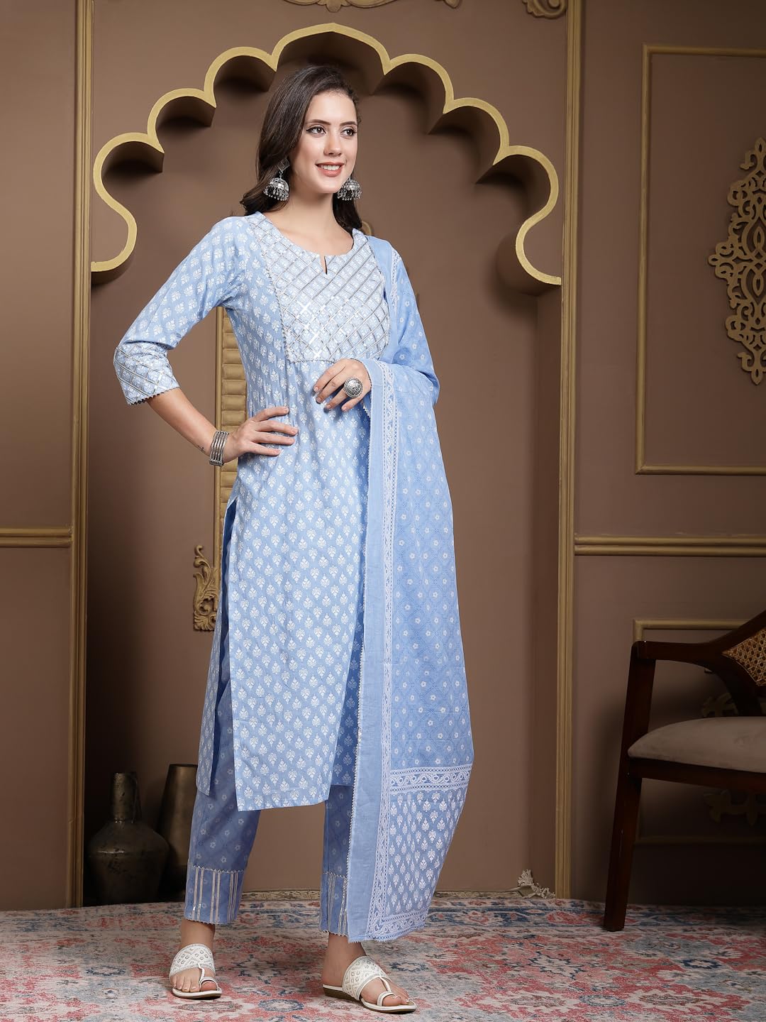 Stylum Women's Printed & Embellished Cotton Straight Kurta Pant Dupatta Set