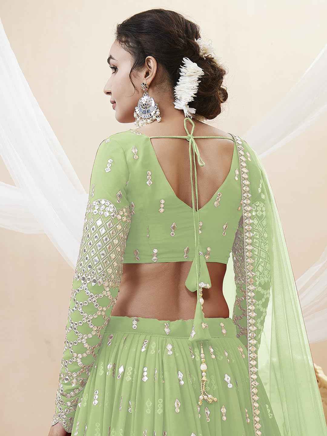 Zeel Clothing Women's Sequins Zari Embroidered Georgette Semi Stitched Lehenga Choli With Dupatta (311-Pista-Wedding-Bridal-Latest-New; Free Size) (Pista)