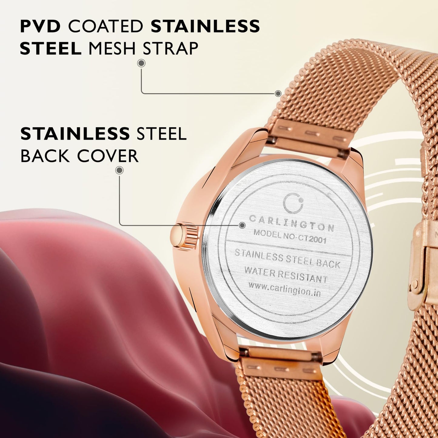 Carlington Stainless Steel Analog Dial Women Watch, Rose Gold Band
