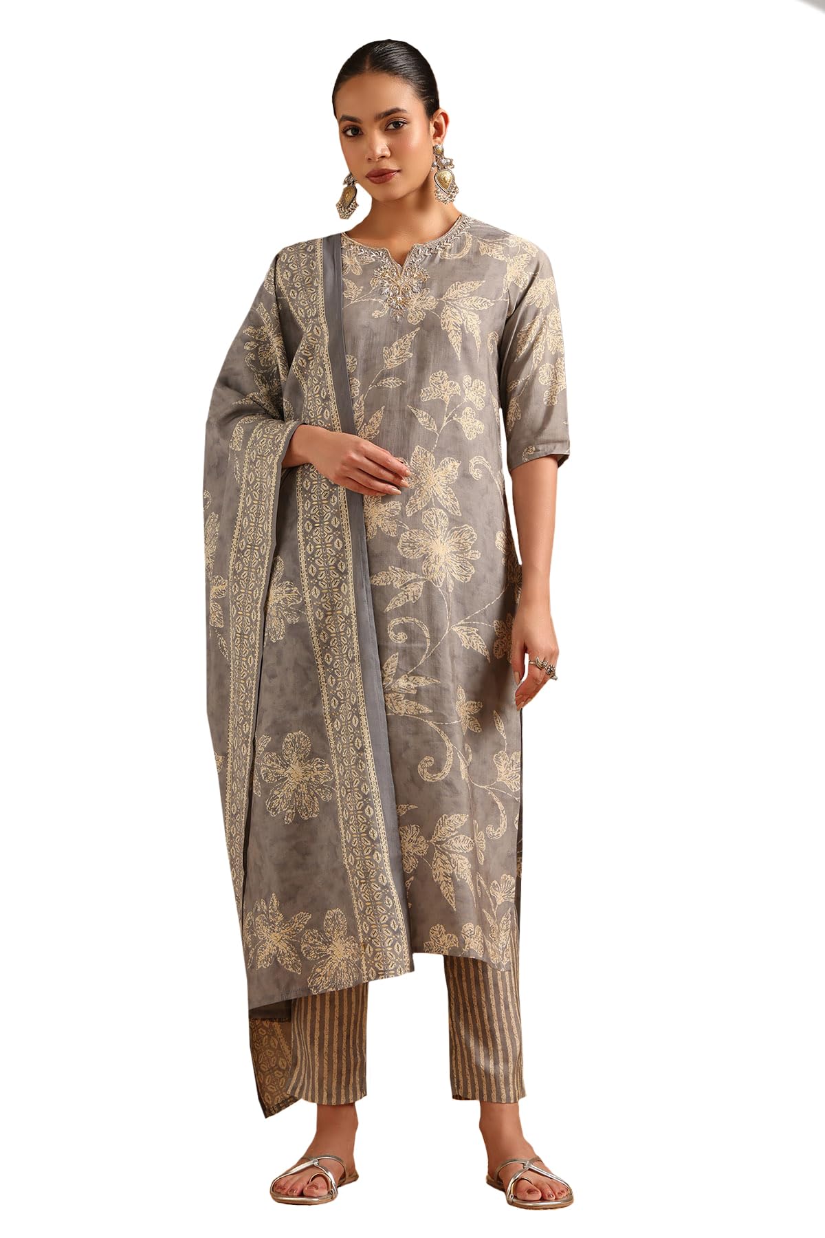 Soch Womens Grey Polyester Botanical Salwar Suit With Beads