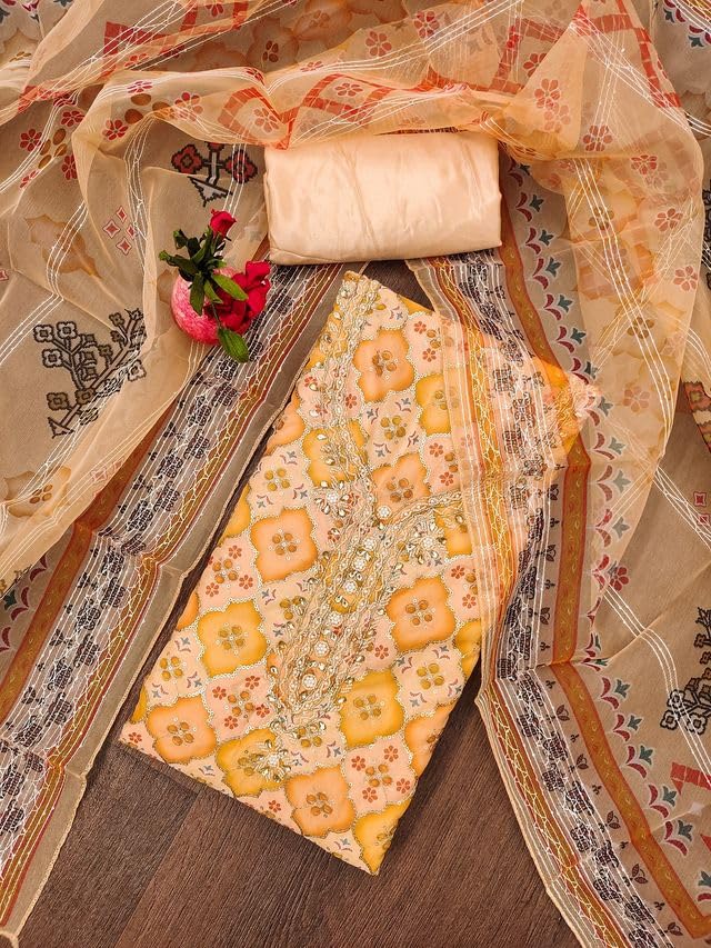 VARNI FABRICS Organza Dress Material for Women Ikat Pattern Unstitched Woman Salwar Suit Dress Material with Organza Dupatta Mustard Yellow