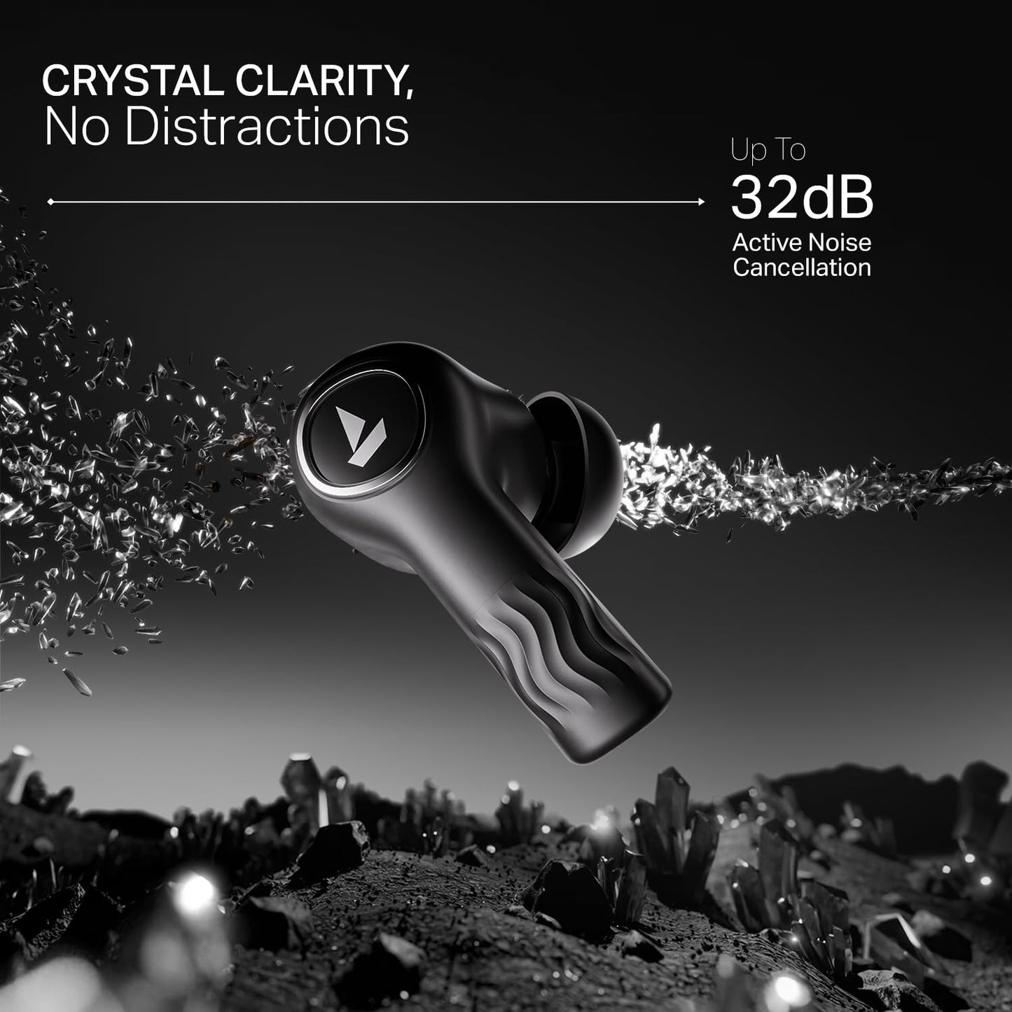 boAt New Launch Nirvana Crystl, Transparent Case,Spatial Audio, ANC(~32dB), 100Hrs Battery,4Mics ENx, Dual Pair,App Support, Bluetooth Earbuds, TWS Ear Buds Wireless Earphones with mic (Quantum Black)