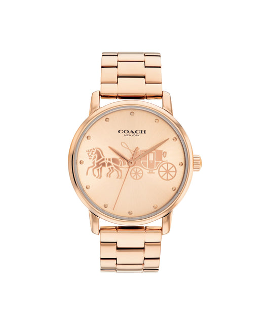 Coach Grand Qtz Basic Carnation Gold Round Dial Women's Watch|Ionic Plated Carnation Gold Steel Material|Gold Color Band - 14503740