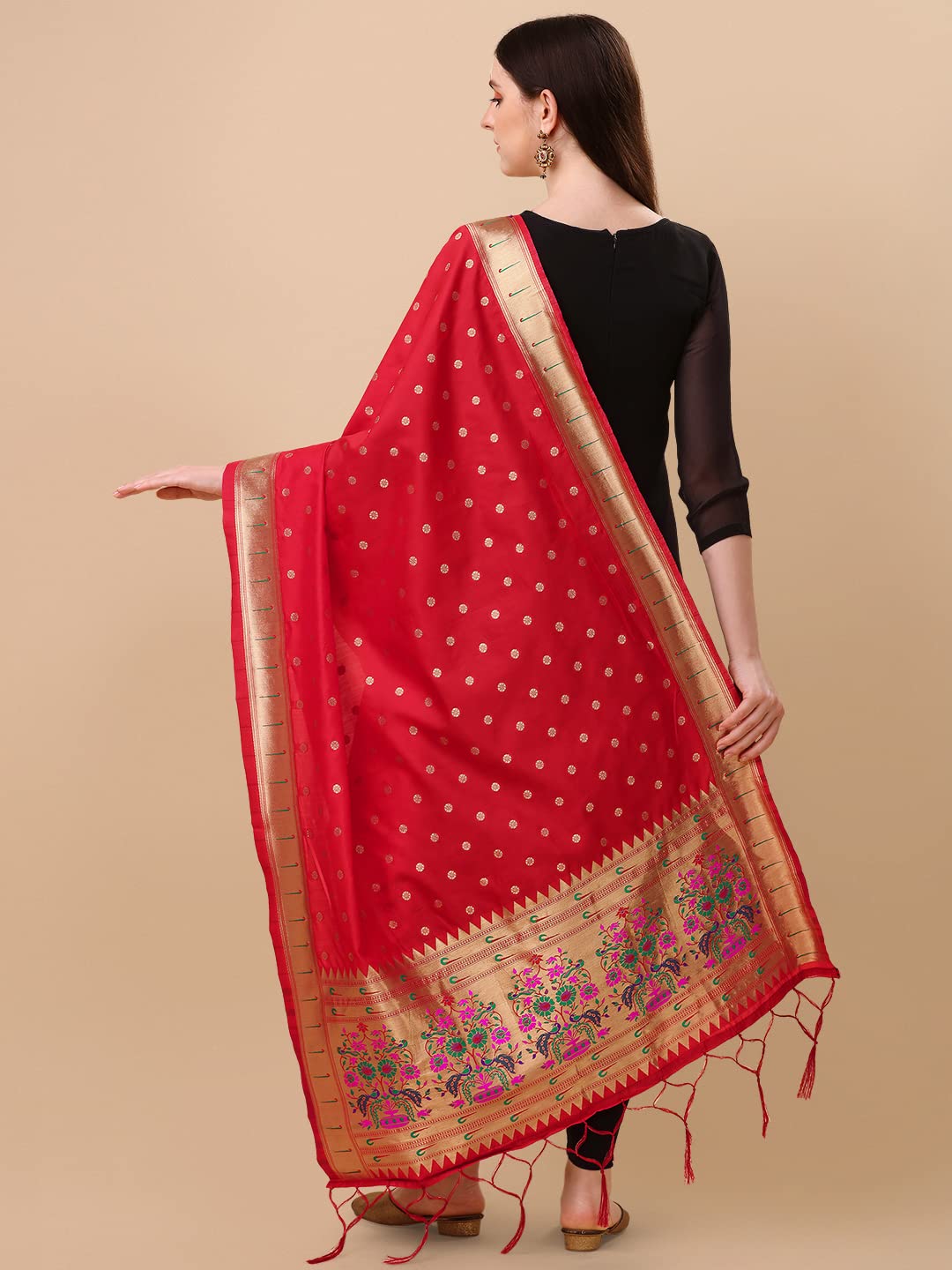 DEVANGI Women's Woven Paithani Banarasi Silk Dupatta/Chunni For Women, Animal Print 1 Meter Wide and 2.3 Meter Length Printed Designer Dupatta/Chunni For Girls (Red)