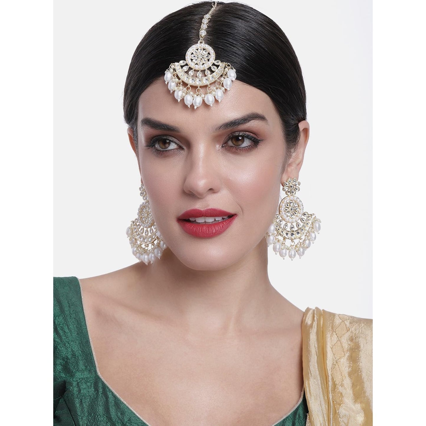 Peora Traditional Gold Plated White Kundan & Pearl Dangle Earrings & Maang Tikka Ethnic Stylish Jewellery Set Gifts for Women & Girls