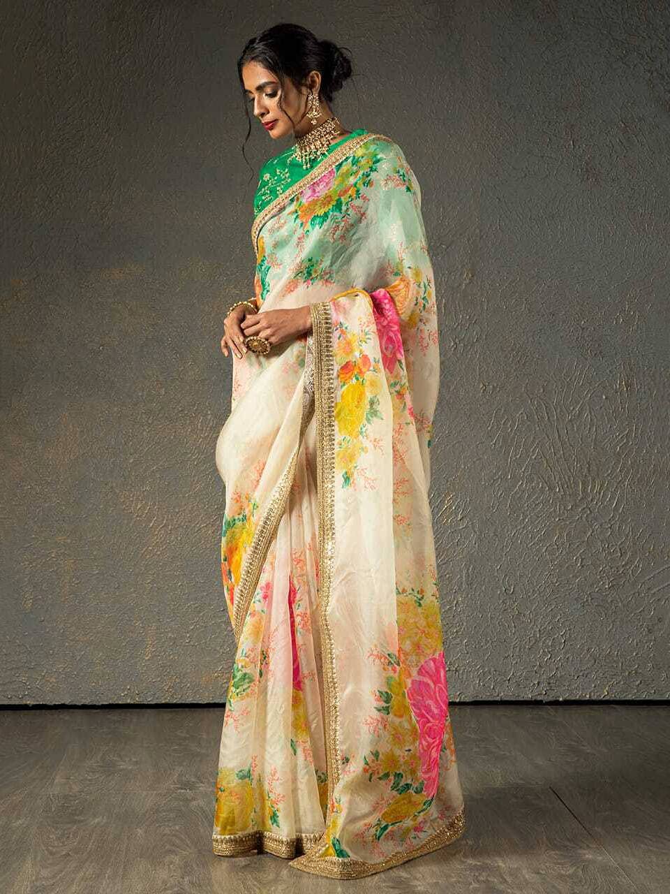 Zeel Clothing Women's Silk Floral Organza Saree with Embroidered Blouse (7026-Cream-Saree-Floral-Organza; Cream; Free)