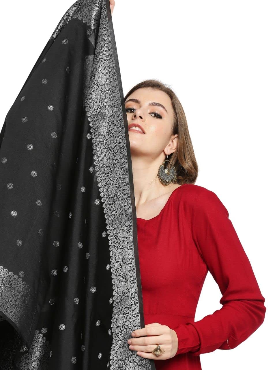 DUPATTA BAZAAR Women's Solid Silk Dupatta (DB3013_Black_Free)