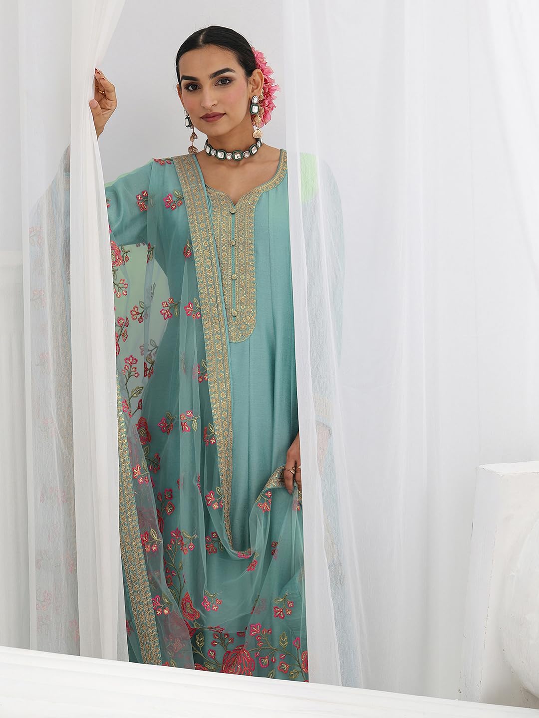 Libas Embroidered Silk Blend A-Line Ethnic Dress with Dupatta-93637L
