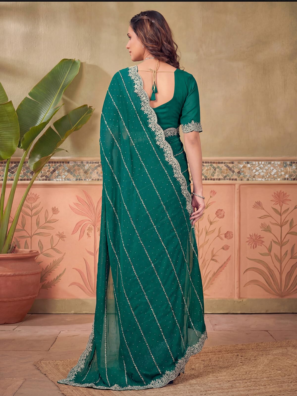 SIRIL Women's Shimmer Georgette Scalloped Border Stone Work Embroidery Saree with Unstitched Blouse Piece (4925S612A_Teal Green)