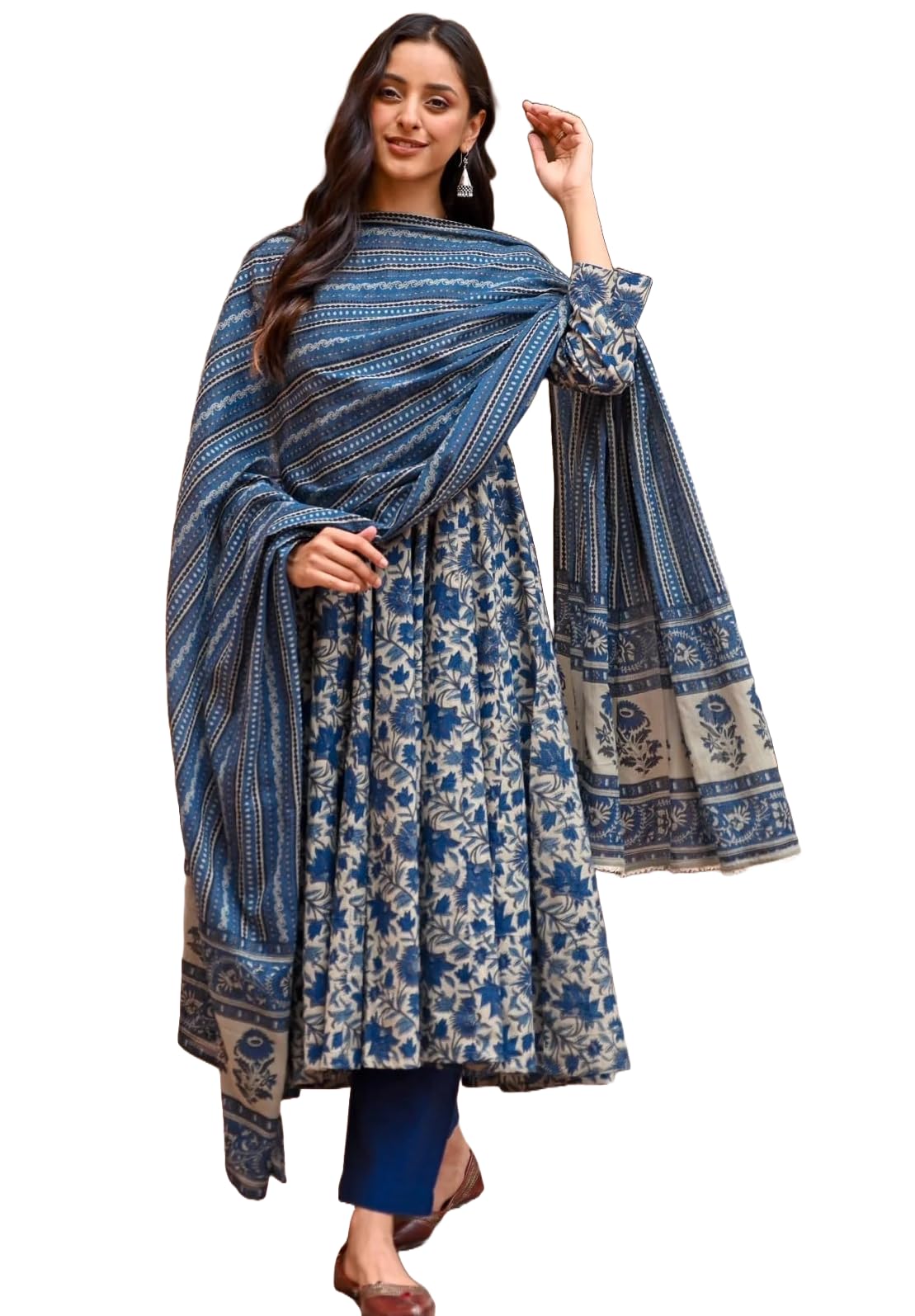 Alvami Viscose Women Printed Anarkali Kurta Pant and Dupatta Set (XL), Blue