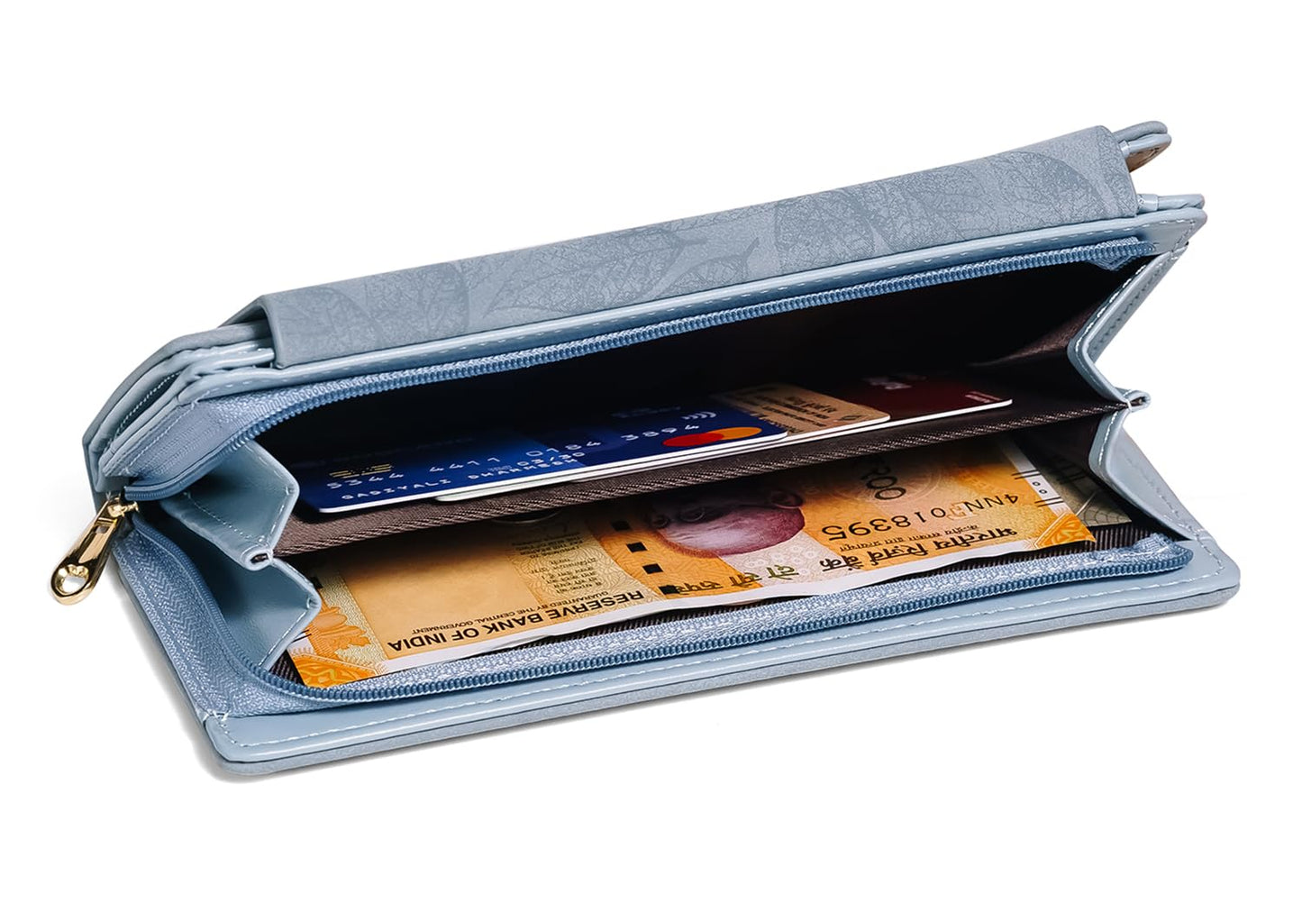 INOVERA (LABEL) Tri-fold Wallet for Women - Stylish Cash, Cards Holder Ladies Leaf Wallets - Faux Leather Hand Purse (Light Blue)