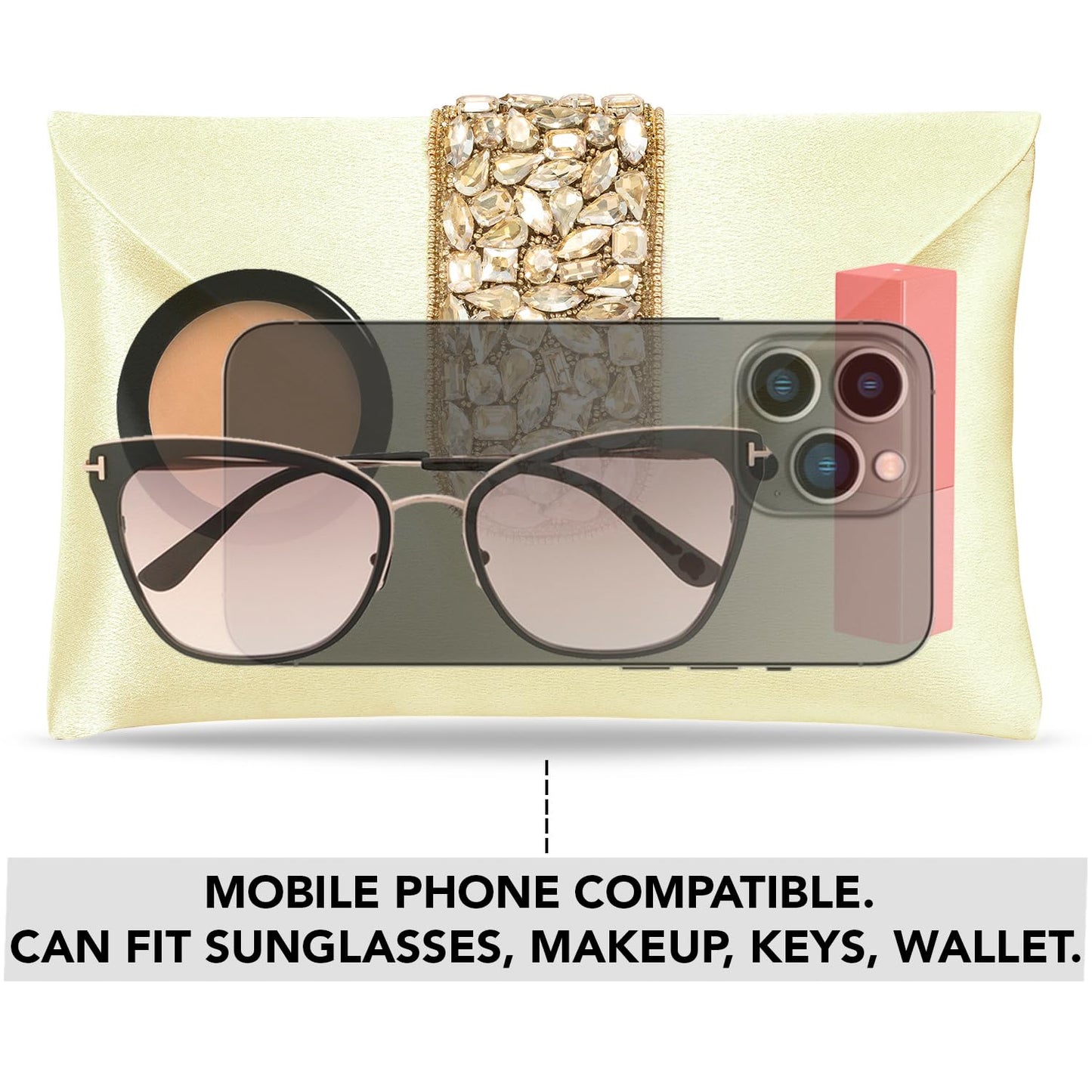 Peora Clutch Women's Purse Bridal Bag For Casual Detachable Strap Evening Sling Bag (Golden)