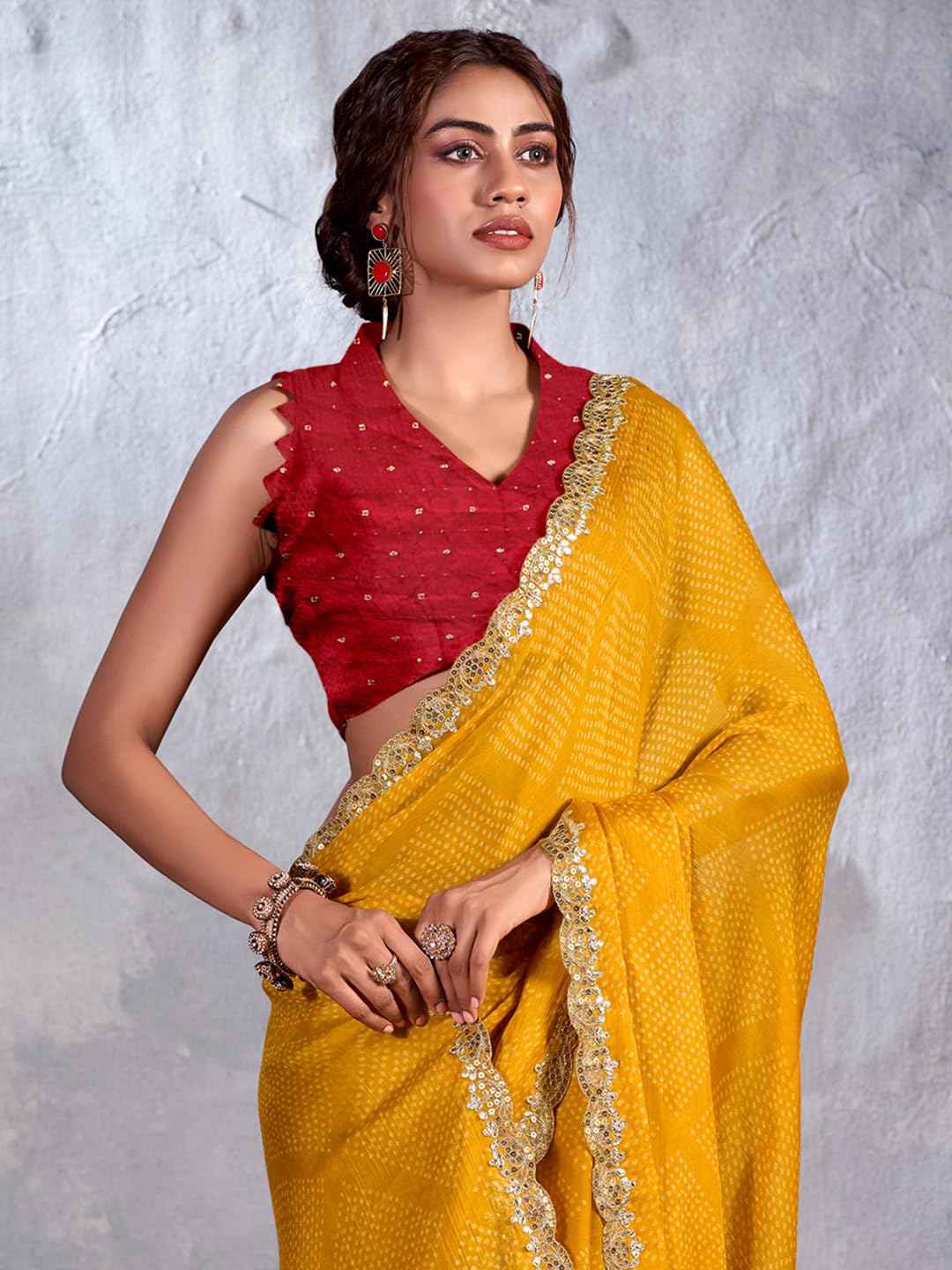 AKHILAM Women's Yellow Chiffon Bandhani Printed Saree with Unstitched Blouse Piece(CHUNRI1001_SR)