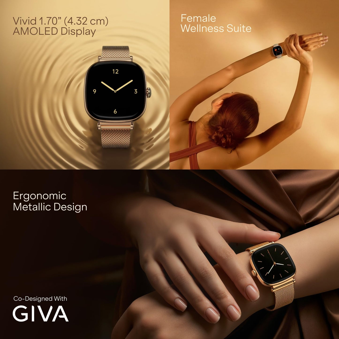 Boat Chrome Ivory Smart Watch for Women, co-Designed with GIVA, 1.7" AMOLED Display, 1000 nits Brightness, Premium Metallic Build, Female Wellness Tracker smartwatch for Women (Rose Gold)