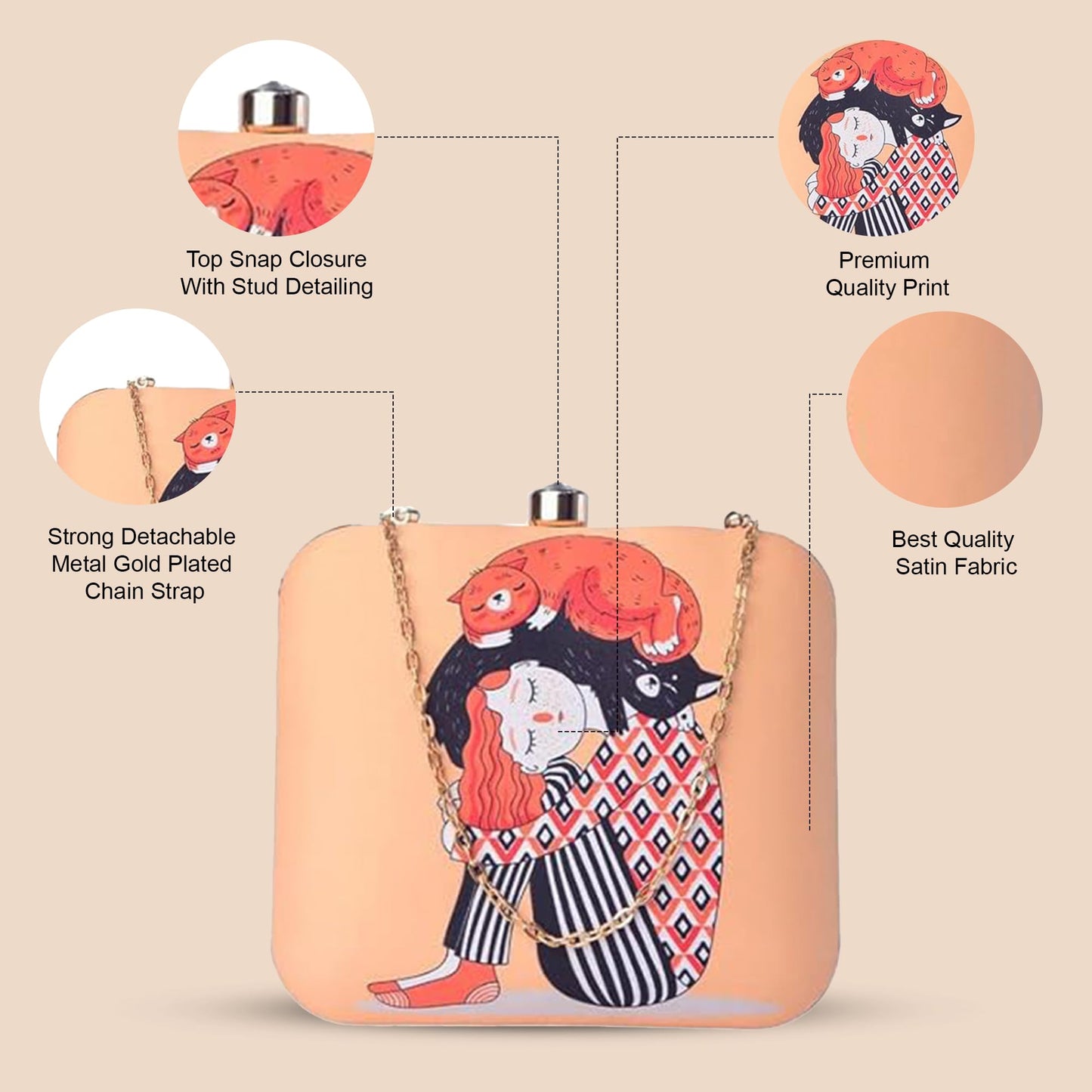Artklim Cute Cat Lover Printed Clutch Bag for Women with Detachable Strap