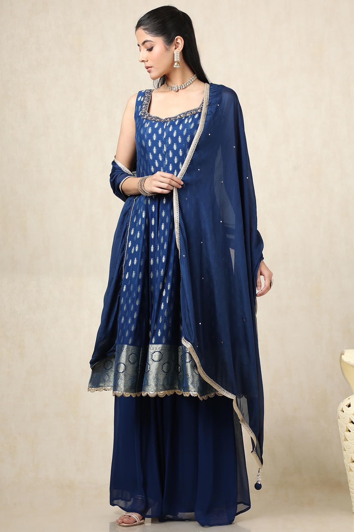 Soch Womens Blue Brocade Woven Design Suit Set With Mirror And Cutdana