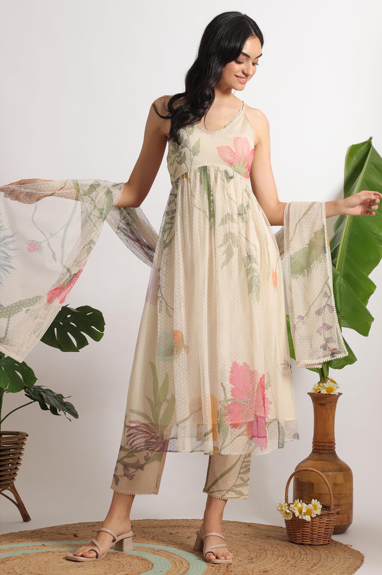 W for Woman Light Beige Floral Printed Swiss Dot Net Spaghetti Flared Kurta, Pants and Dupatta Set (Size: XL)-WS12397-125754