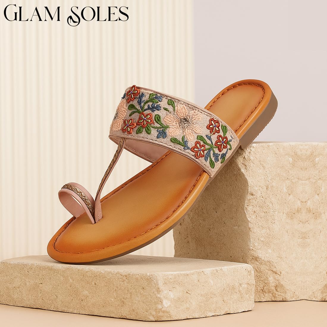 GLAM SOLES Women’s Embroidered Toe-Ring Flats | Elegant Floral Strap Design with Cushioned | Stylish & Comfortable Ethnic Sandals for Girls & Women, Peach