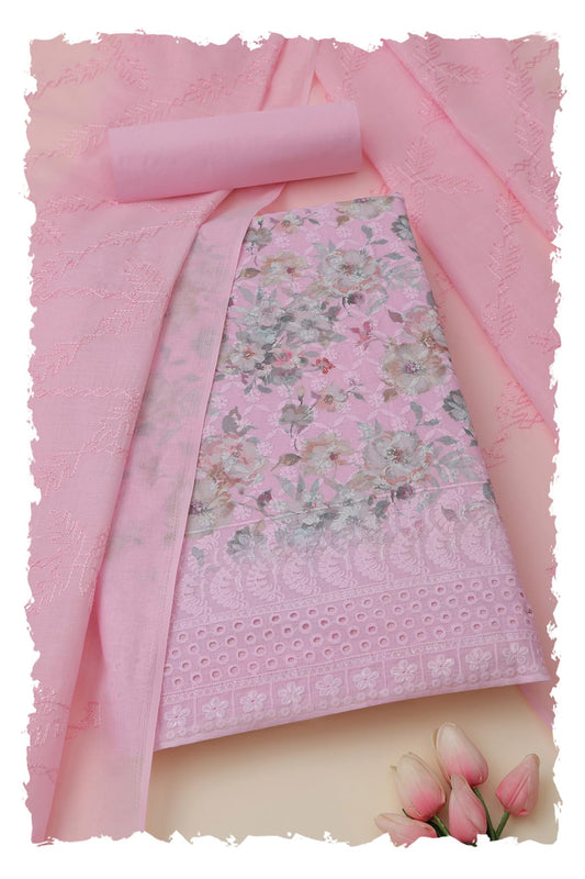 Soch Womens Pink Cotton Floral Print Unstitched Dress Material With Thread Work