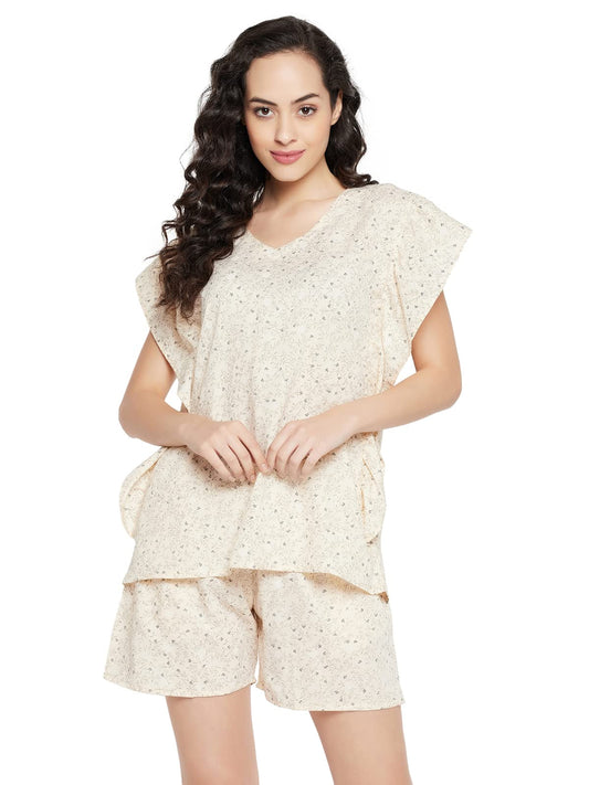 Clovia Women's Cotton Pretty Florals Kaftan Top & Short Set(LS0607P24_Beige_XL)