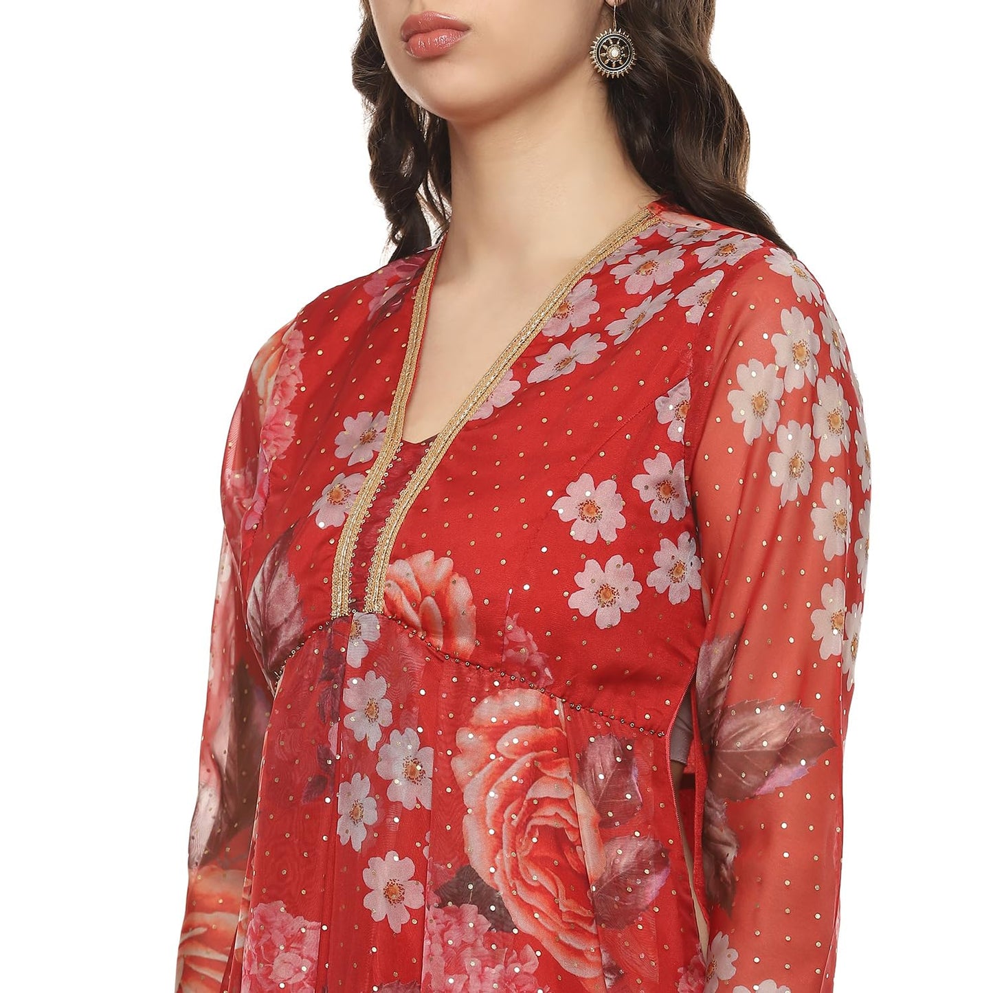 BIBA Polyester Women Printed Anarkali Salwar Kurta Dupatta(Skdpassion 9077_Red_42)