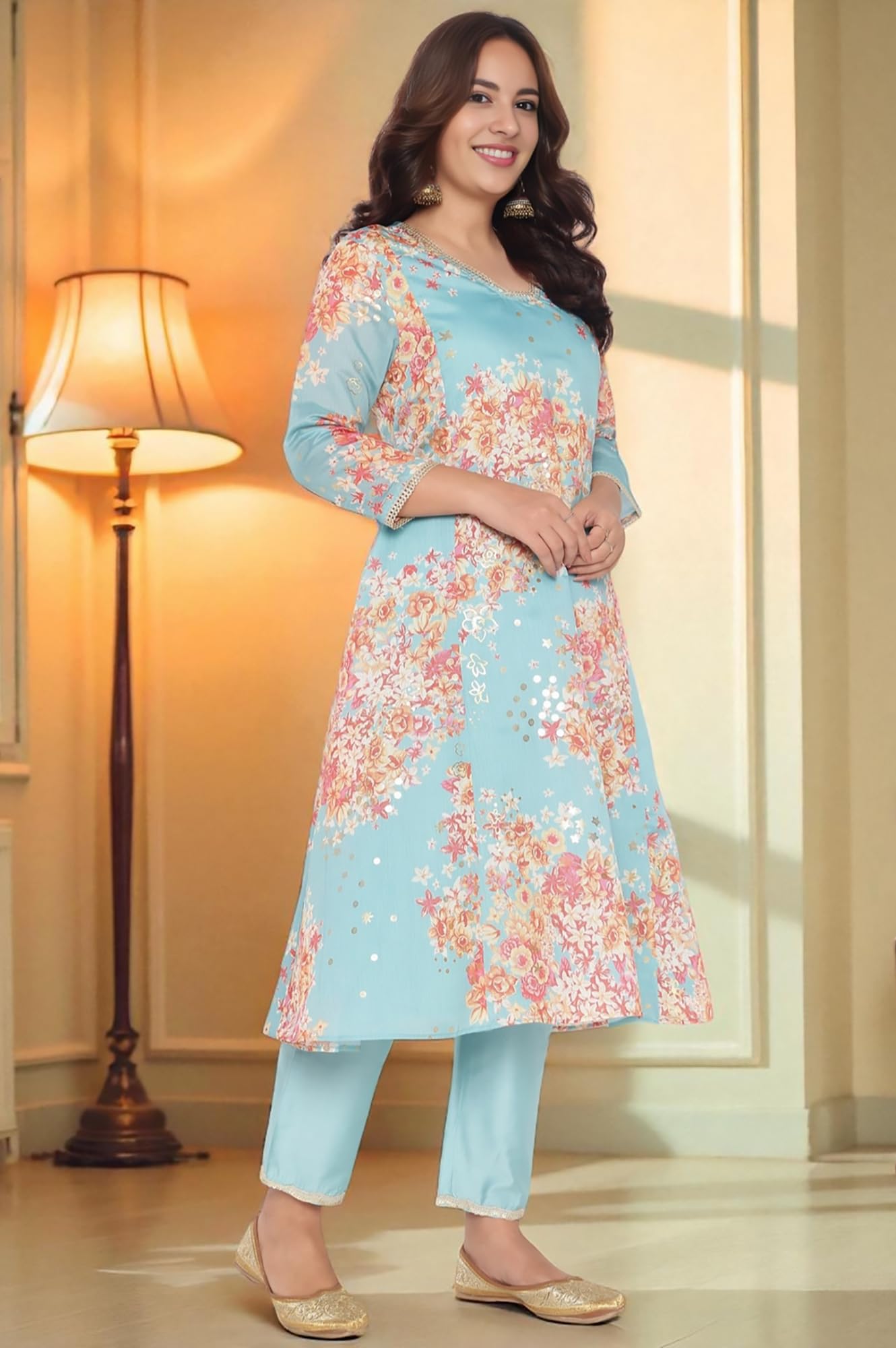 W for Woman Blue Printed Chanderi Flared Kurta, Straight Pant and Dupatta Set