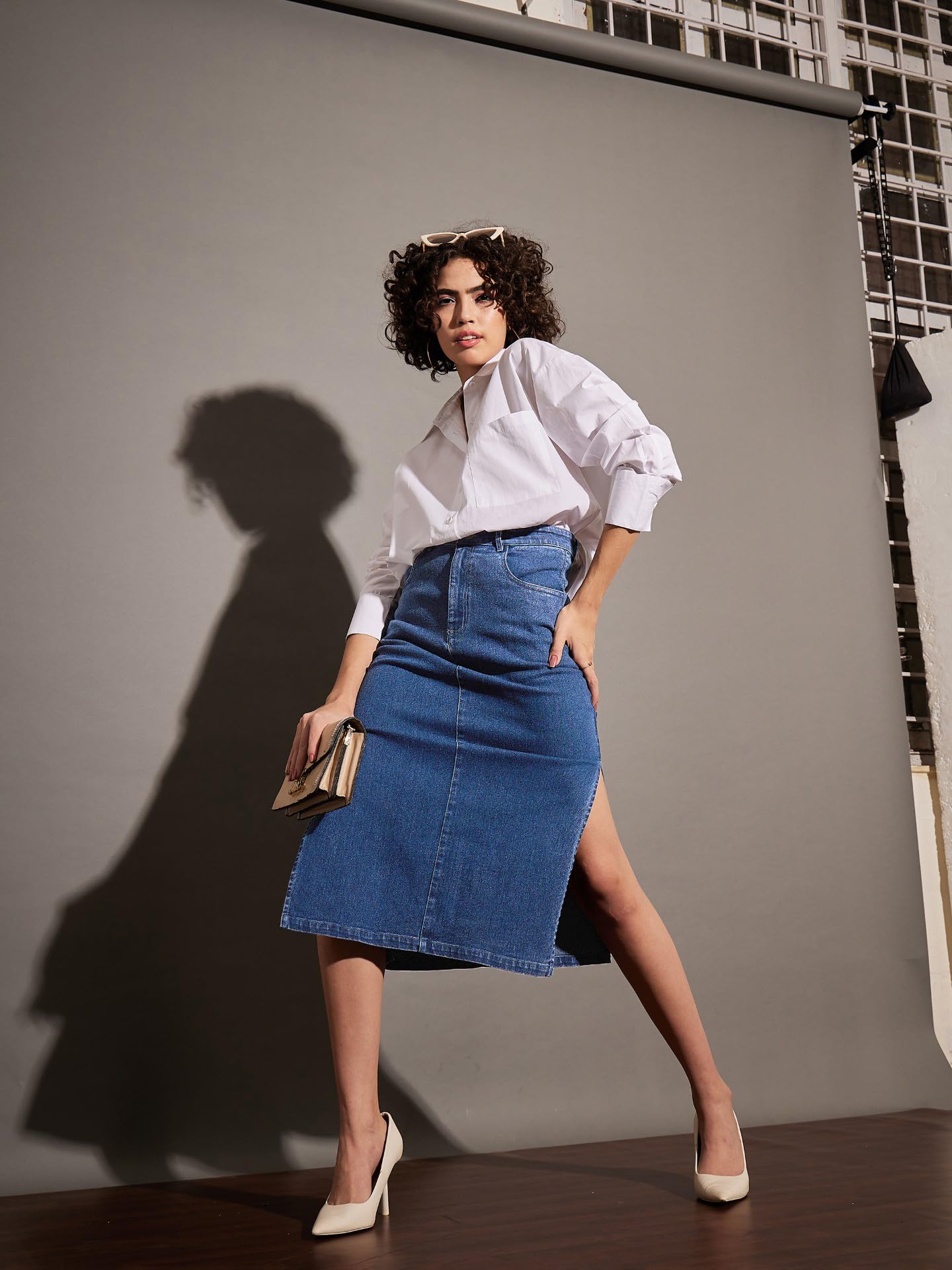 Ice Blue Denim Side Slit Midi Skirt