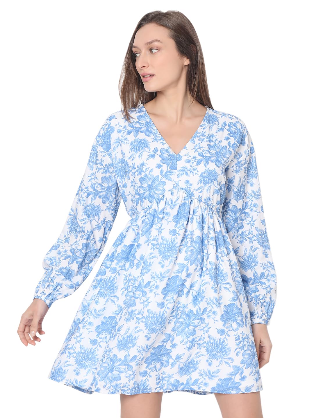 VERO MODA Women Floral Print Blue Polyester Above Knee Length Fit and Flare Dress