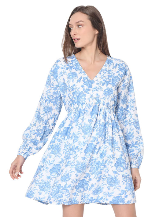 VERO MODA Women Floral Print Blue Polyester Above Knee Length Fit and Flare Dress