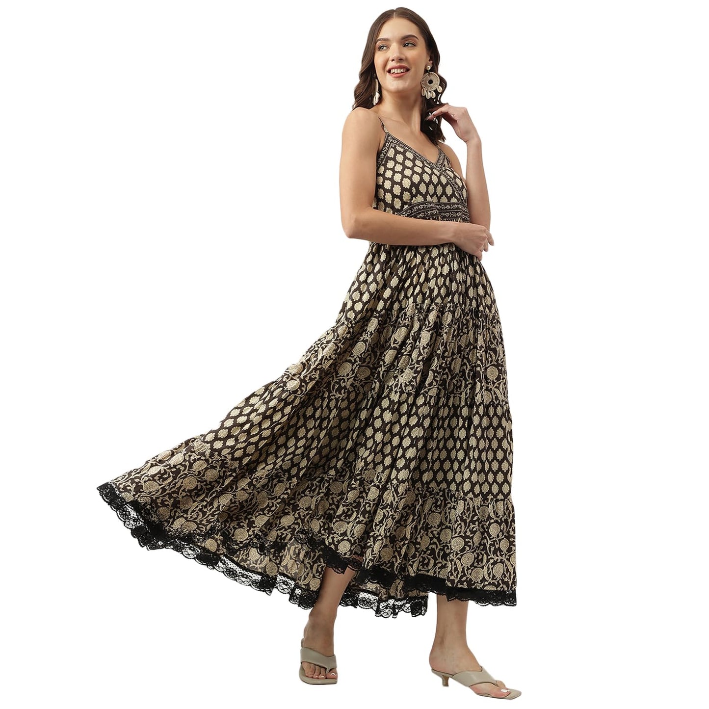 Divena Floral Printed Cotton Empire Ethnic Dress Black