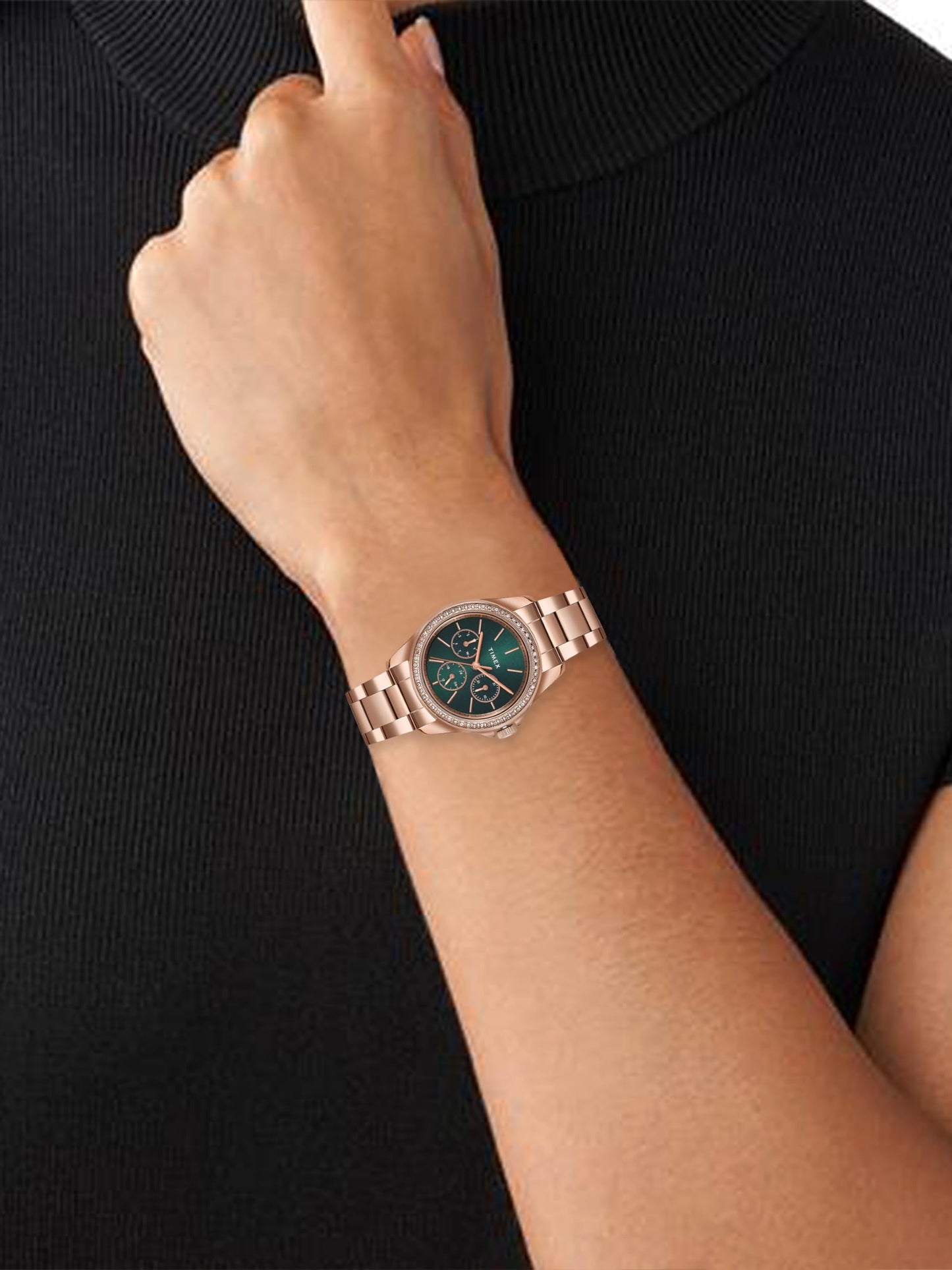 TIMEX Analog Watch for Women with Green Round Dial & Rose Gold Stainless Steel Bracelet Band Water Resistant Women's Wrist Watches - TW000Z402