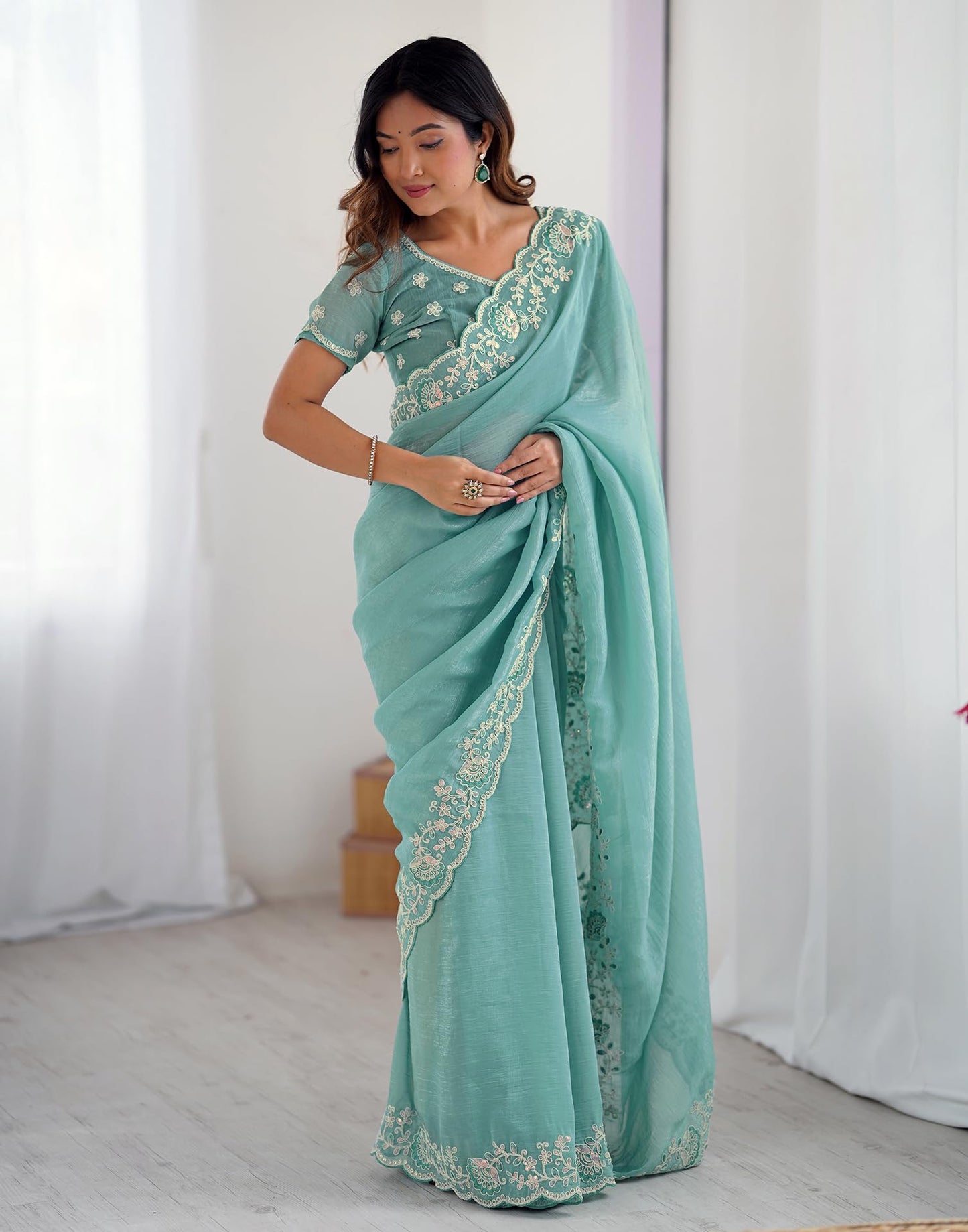 SIRIL Women's Shimmer Chiffon Sequence Embroidery Saree with Unstitched Blouse Piece (4487S456_Sea Blue)