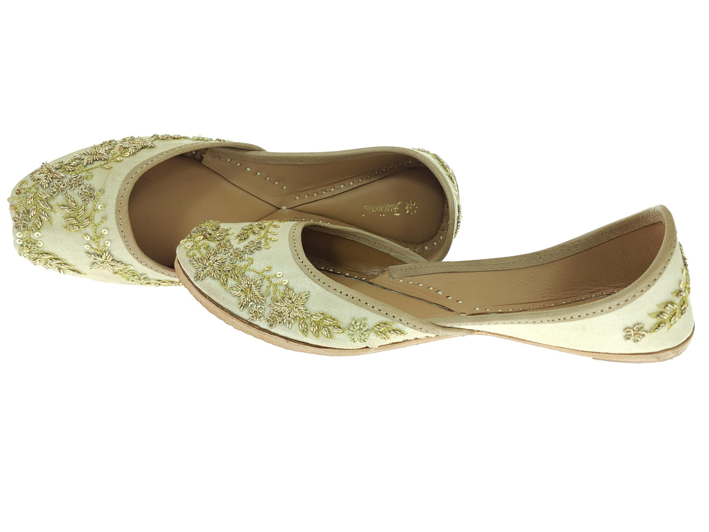 Fulkari Women's Paradise Beige Gold Soft Leather Embroidered Jutis | Bite and Pinch Free Jutti | Punjabi Formal Juttis | Girl's Wedding Flat Ladies Mojari | Formal Ethnic Juti | 42
