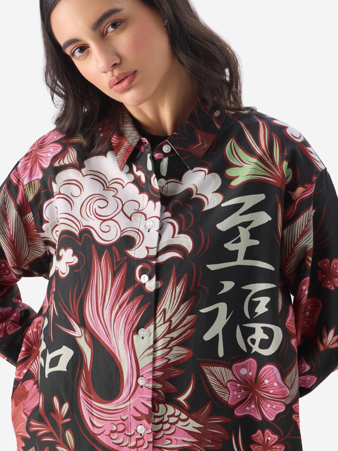 The Souled Store Konnichiwa Women and Girls Long Sleeve Button Down Cotton Boyfriend Fit Shirts Multicolour