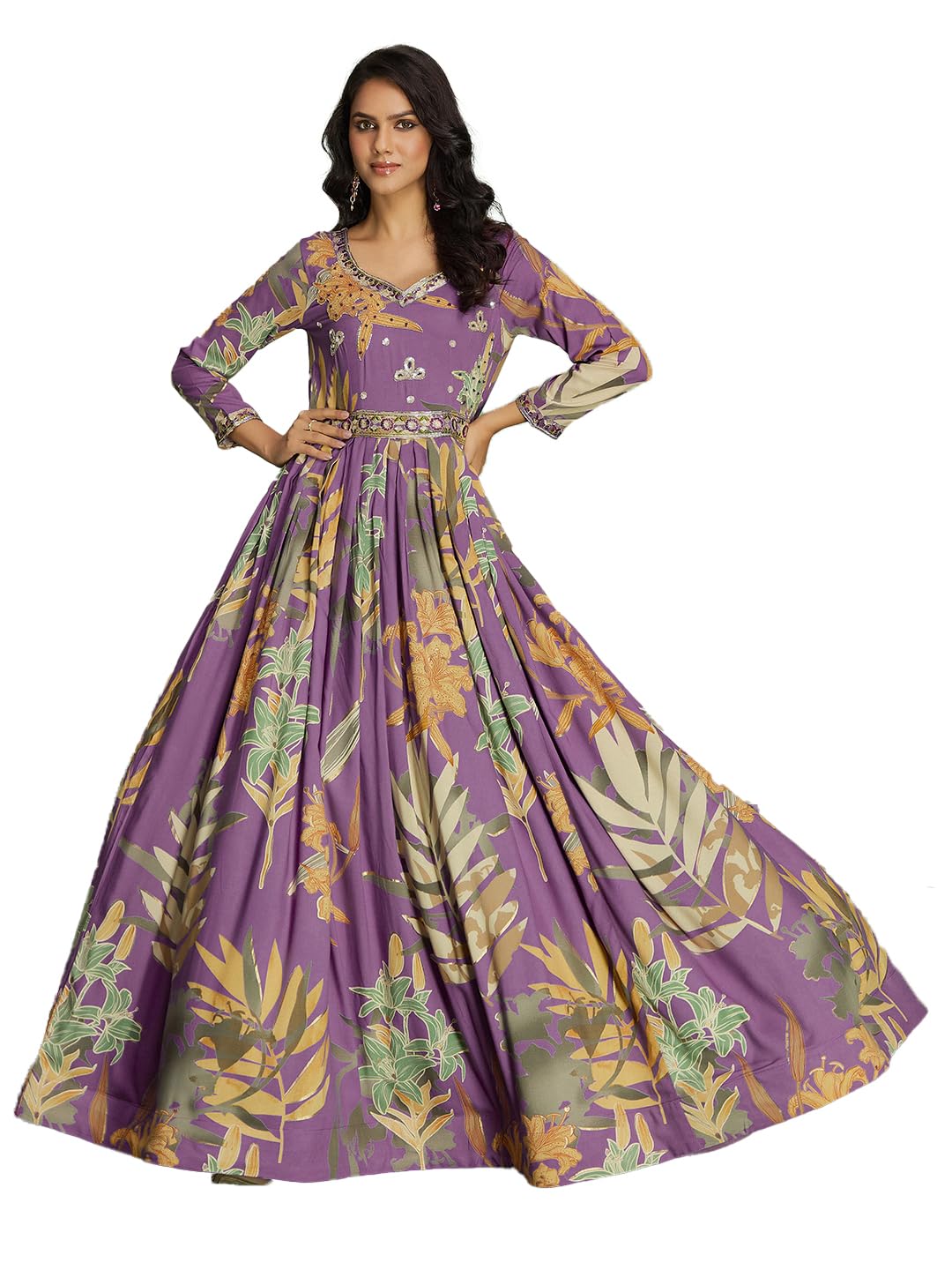 madhuram textiles Women's Rayon Print with Hand Embroidery Work Anarkali Long Gown(M-2543 Pink_4X-Large)