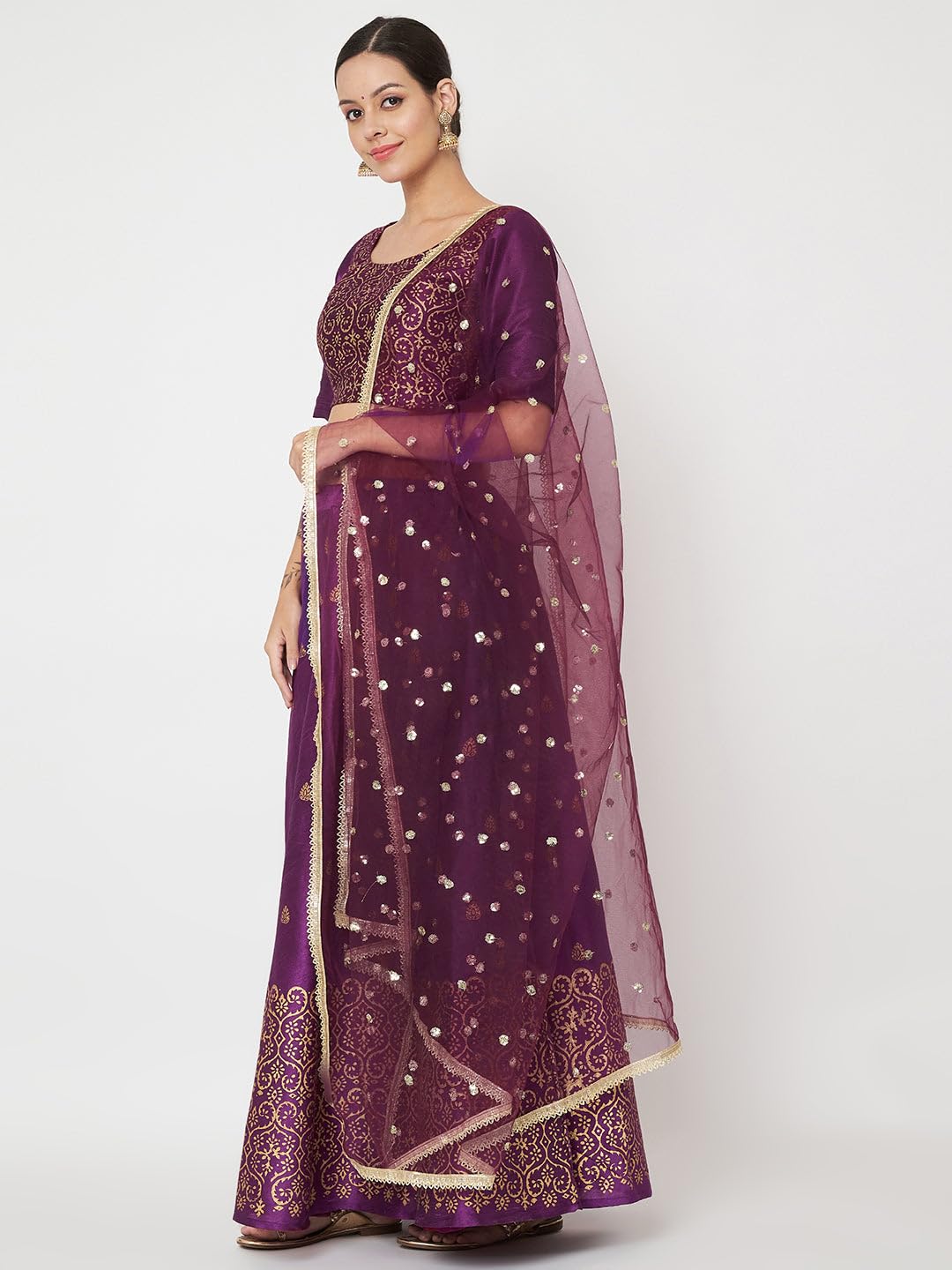 studio rasa Women's Dupion Hand Block Printed Bias Lehenga Set for Wedding Festive Party (LHSC52403XL_Purple_X-Large)