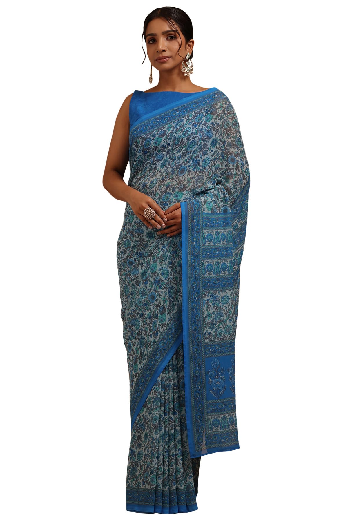 Soch Womens Blue Georgette Floral Print Saree
