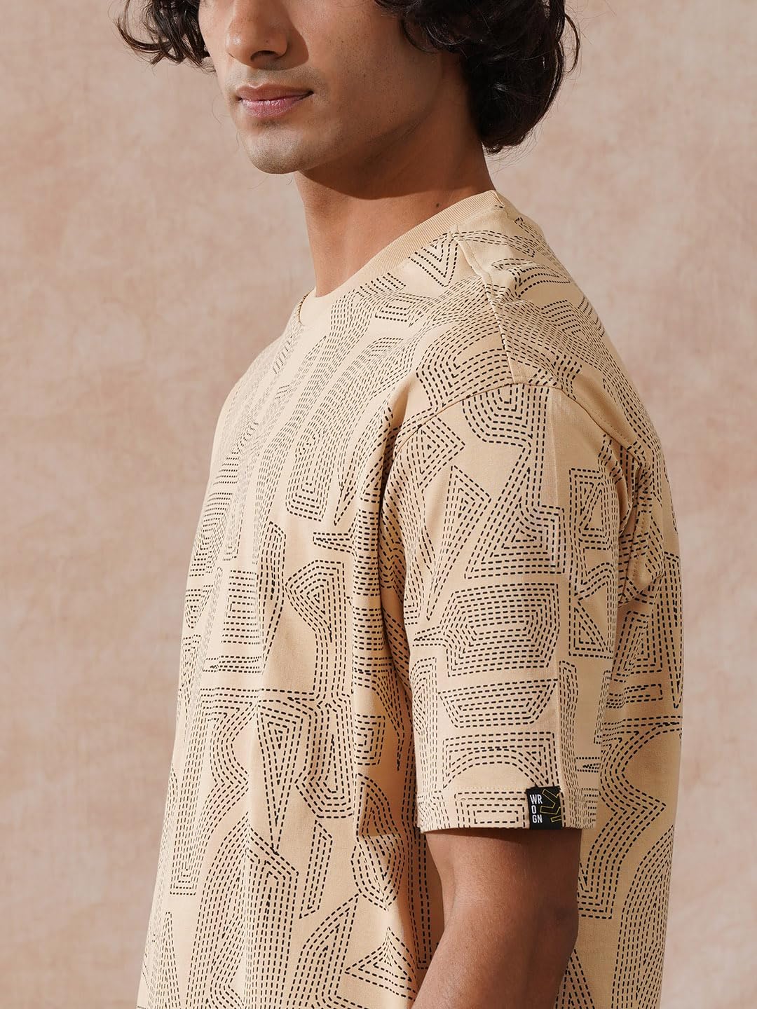 WROGN Men's 100% Cotton T-Shirt | Tonal All Over Print | Oversized Fit | Beige | M
