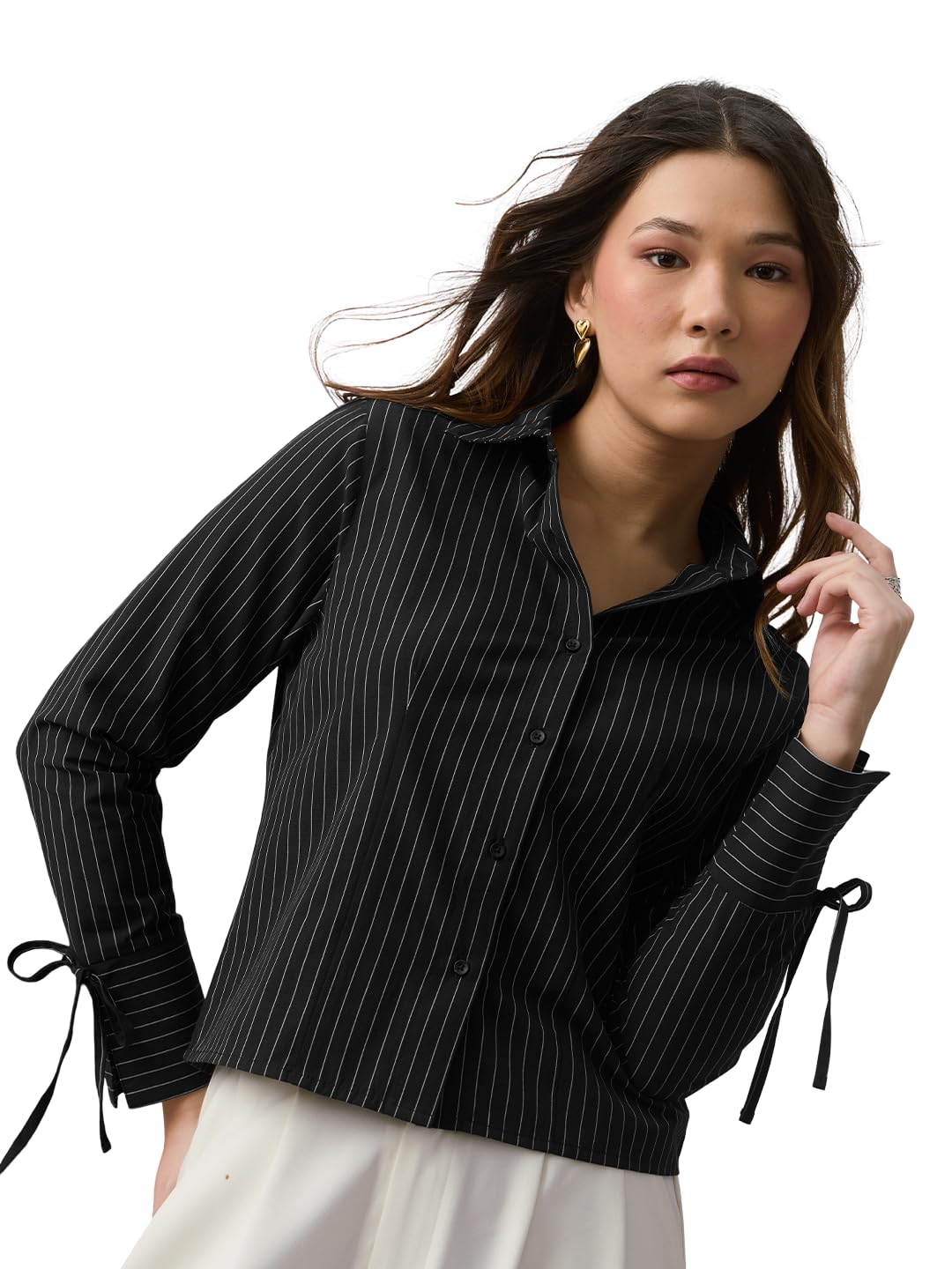 The Souled Store Stripe Shirt: Bristol Women and Girls Full Length Regular Sleeves Spread Collar Black White Striped Cotton Poly Blend Regular Fit Everyday Casual Shirt