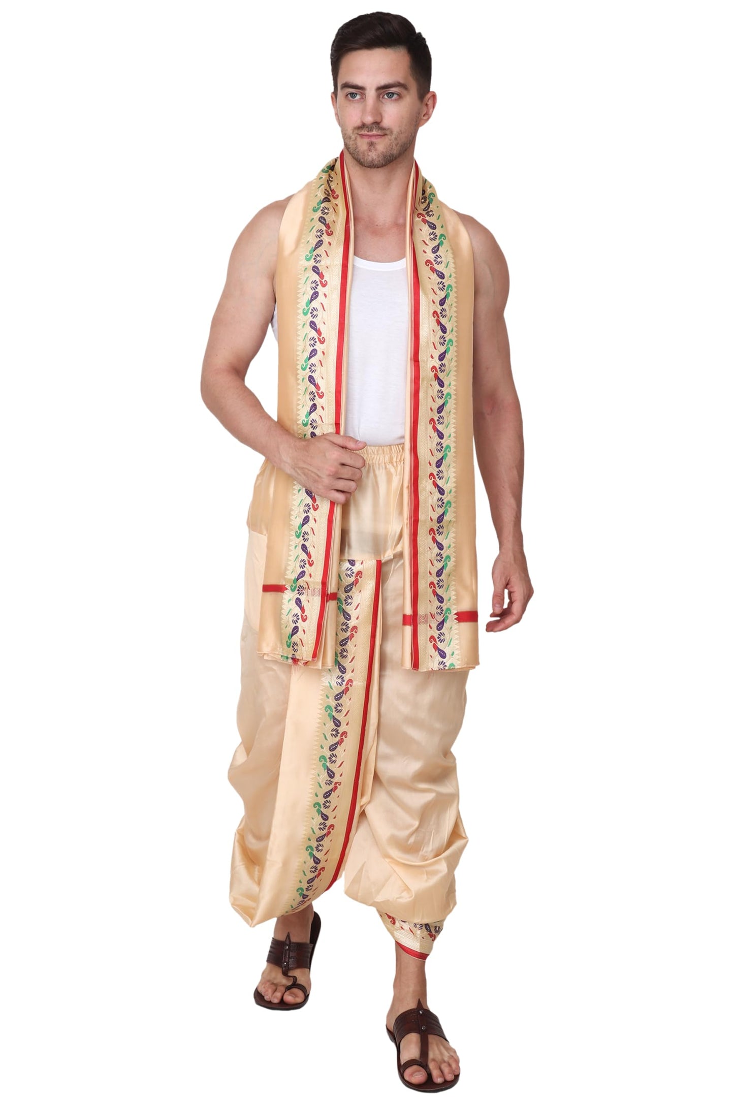 Rameshwaram Fabrics Men's Indian Traditional Wedding Dress, Readymade Dhoti with Sherwani Style Kurta - Stole (XL-Extra Large-42, Gold-Gold)